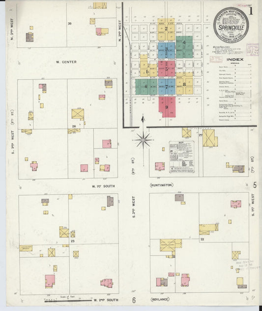 Sanborn Fire Insurance Map from Springville, Utah County, Utah (1908), Sheet #0001 - Historic Sanborn Fire Insurance Map Print, vintage old map wall art, antique decor, genealogy gift, Springville Utah map