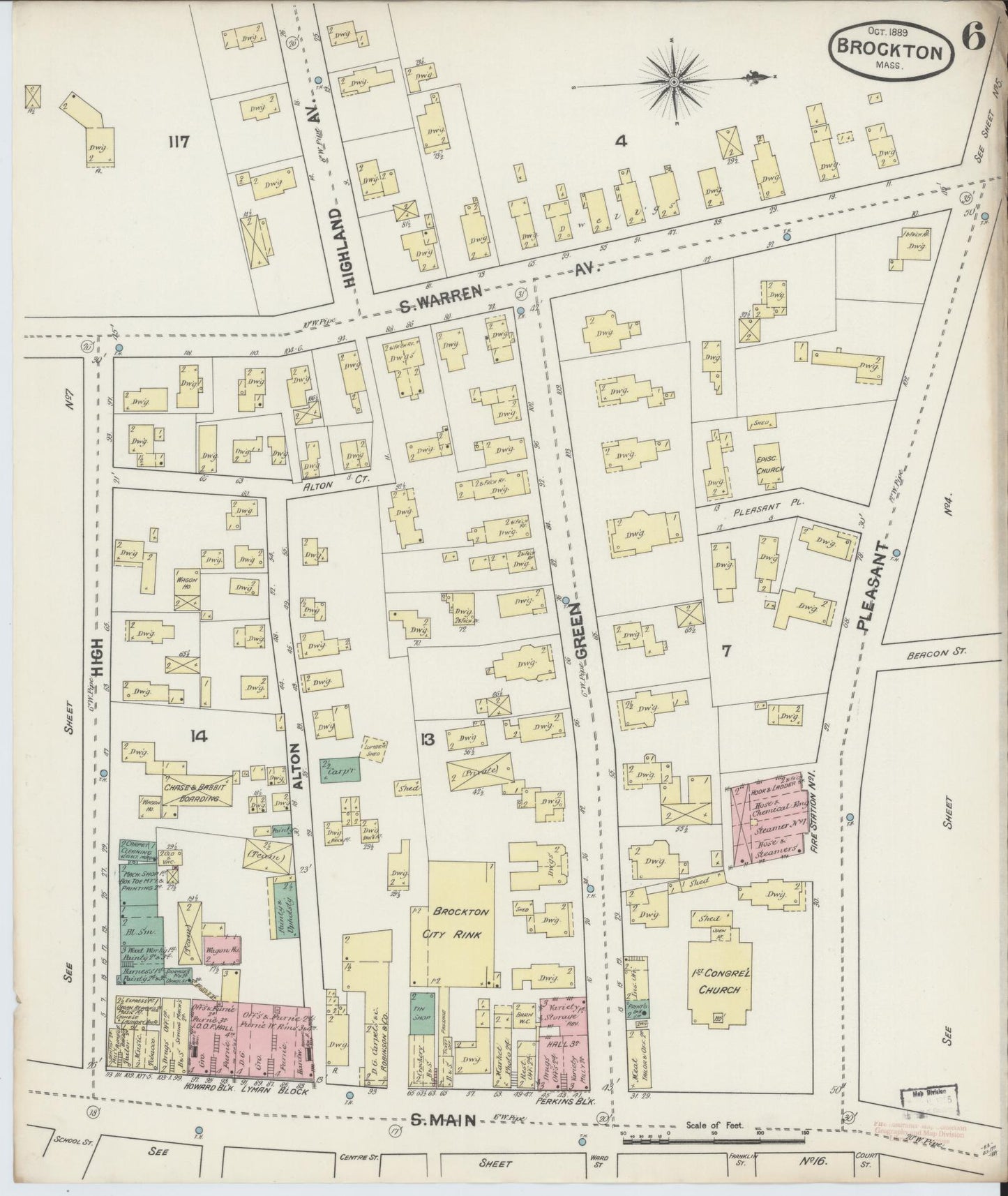 Sanborn Fire Insurance Map from Brockton, Plymouth County, Massachusetts (1889), Sheet #0006 - Historic Sanborn Fire Insurance Map Print, vintage old map wall art, antique decor, genealogy gift, Massachusetts Massachusetts map