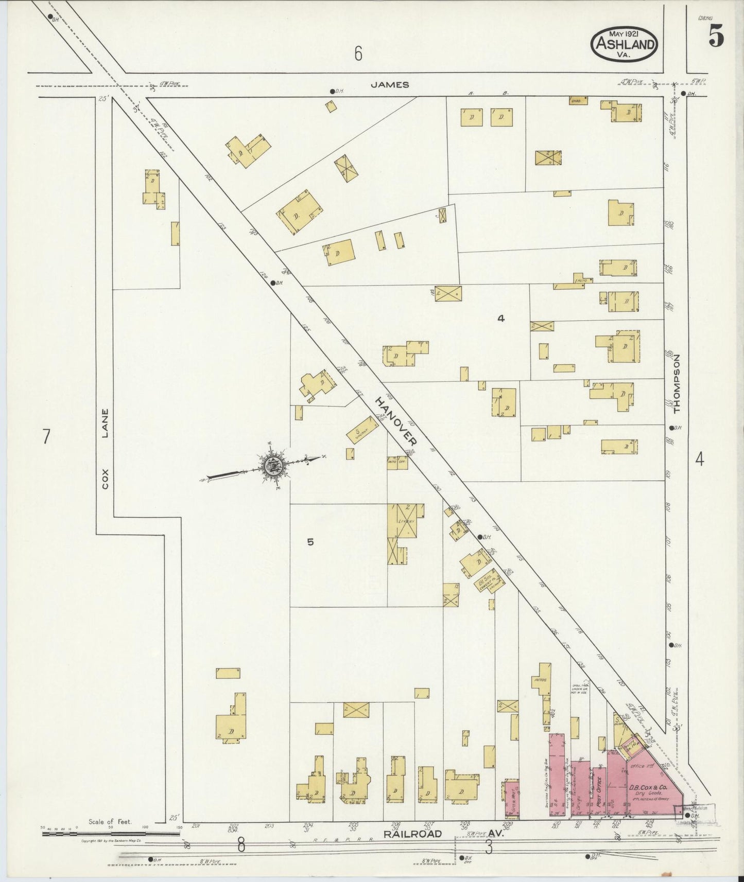 Sanborn Fire Insurance Map from Ashland, Hanover County, Virginia (1921), Sheet #0005 - Historic Sanborn Fire Insurance Map Print, vintage old map wall art, antique decor, genealogy gift, Virginia Virginia map