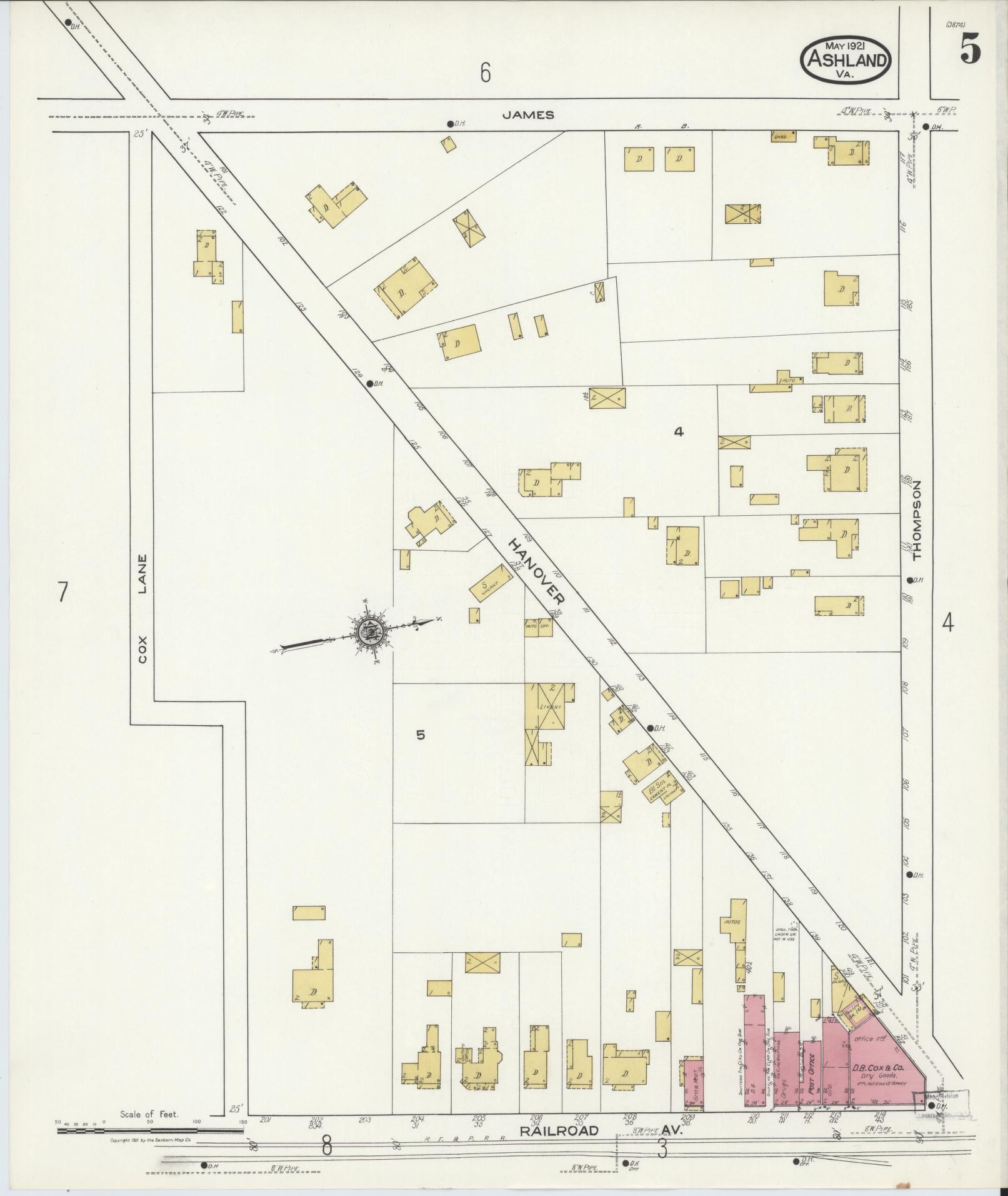 Sanborn Fire Insurance Map from Ashland, Hanover County, Virginia (1921), Sheet #0005 - Historic Sanborn Fire Insurance Map Print, vintage old map wall art, antique decor, genealogy gift, Virginia Virginia map
