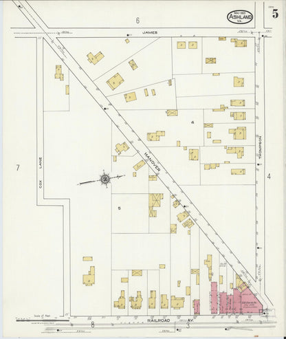 Sanborn Fire Insurance Map from Ashland, Hanover County, Virginia (1921), Sheet #0005 - Historic Sanborn Fire Insurance Map Print, vintage old map wall art, antique decor, genealogy gift, Virginia Virginia map
