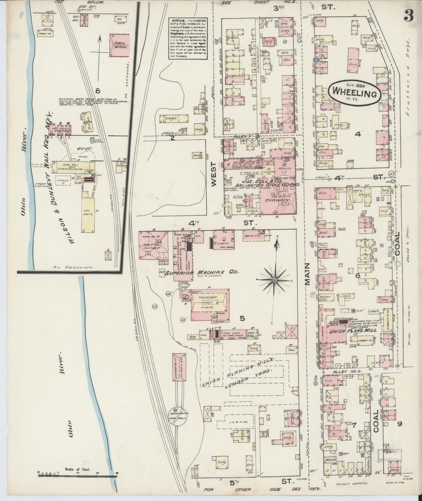 Sanborn Fire Insurance Map from Wheeling, Ohio County, West Virginia (1884), Sheet #0003 - Historic Sanborn Fire Insurance Map Print, vintage old map wall art, antique decor, genealogy gift, West Virginia West Virginia map
