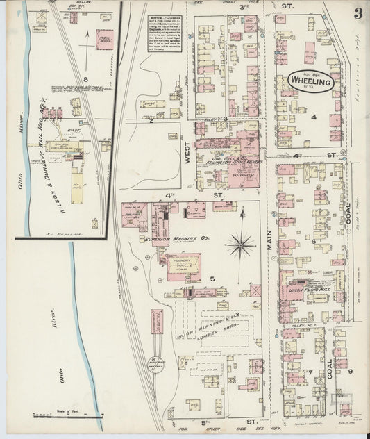 Sanborn Fire Insurance Map from Wheeling, Ohio County, West Virginia (1884), Sheet #0003 - Historic Sanborn Fire Insurance Map Print, vintage old map wall art, antique decor, genealogy gift, West Virginia West Virginia map