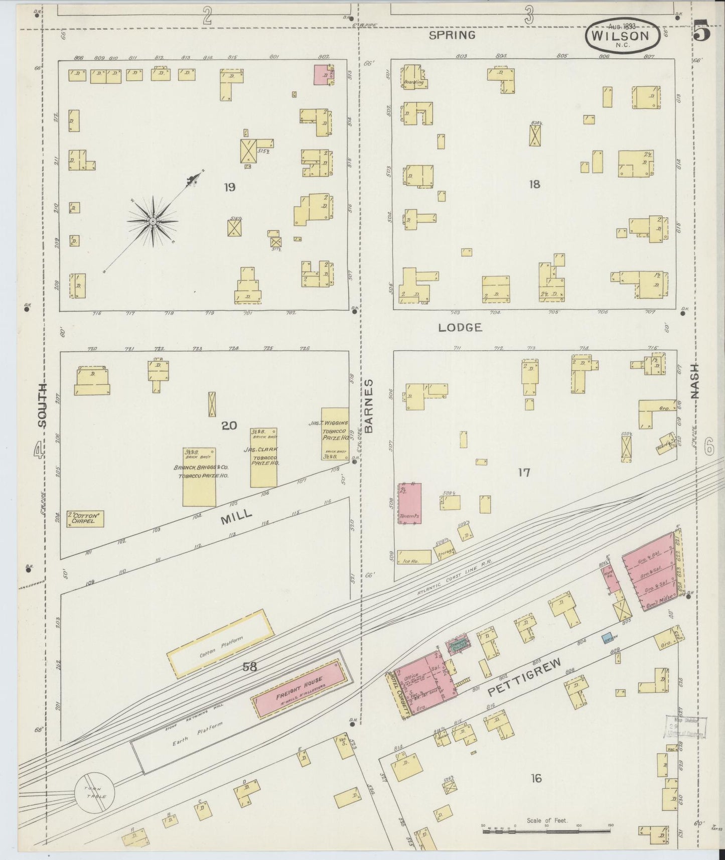 Sanborn Fire Insurance Map from Wilson, Wilson County, North Carolina (1893), Sheet #0005 - Historic Sanborn Fire Insurance Map Print, vintage old map wall art, antique decor, genealogy gift, North Carolina North Carolina map