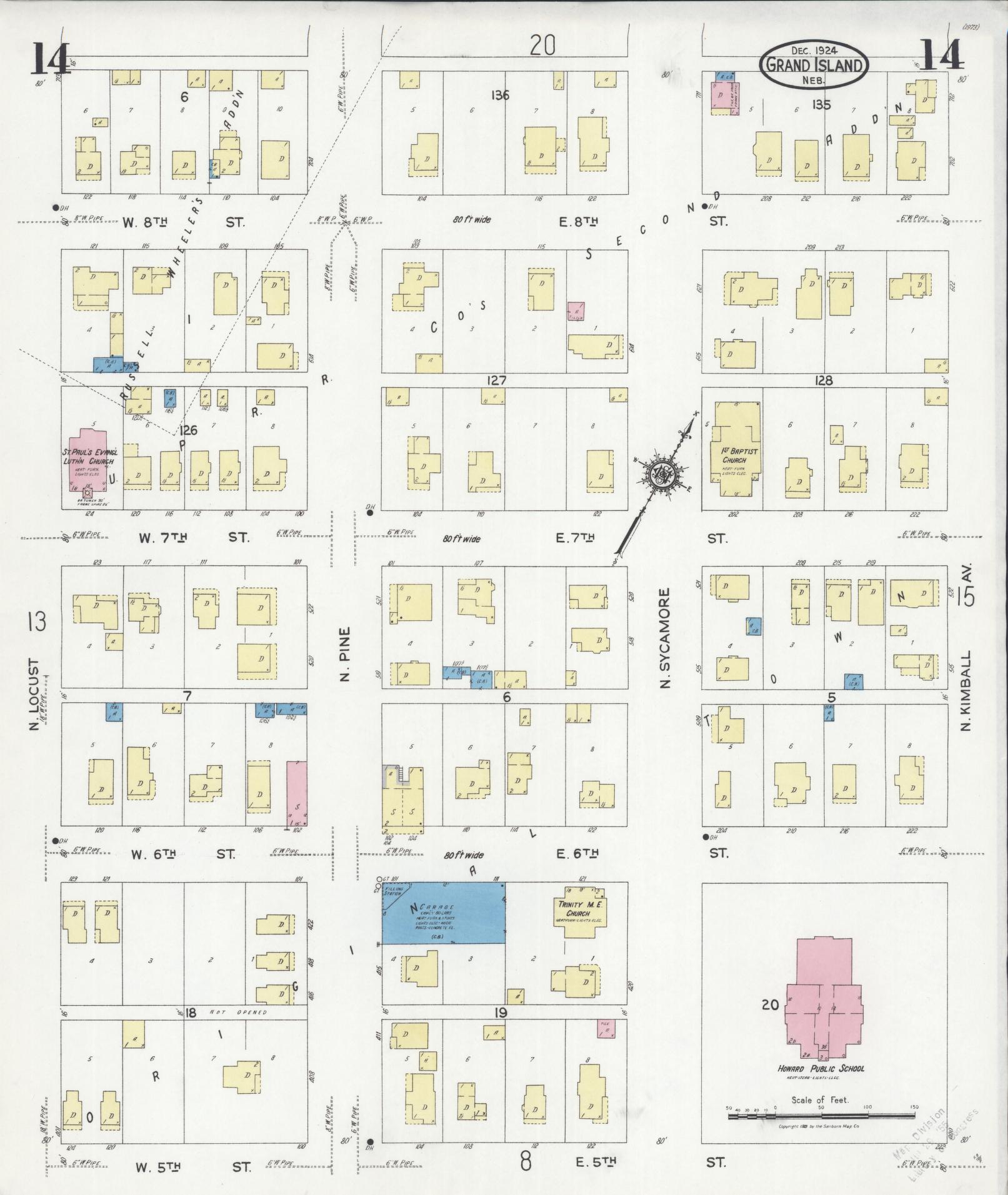 Sanborn Fire Insurance Map from Grand Island, Hall County, Nebraska (1924), Sheet #0014 - Historic Sanborn Fire Insurance Map Print, vintage old map wall art, antique decor, genealogy gift, Nebraska Nebraska map