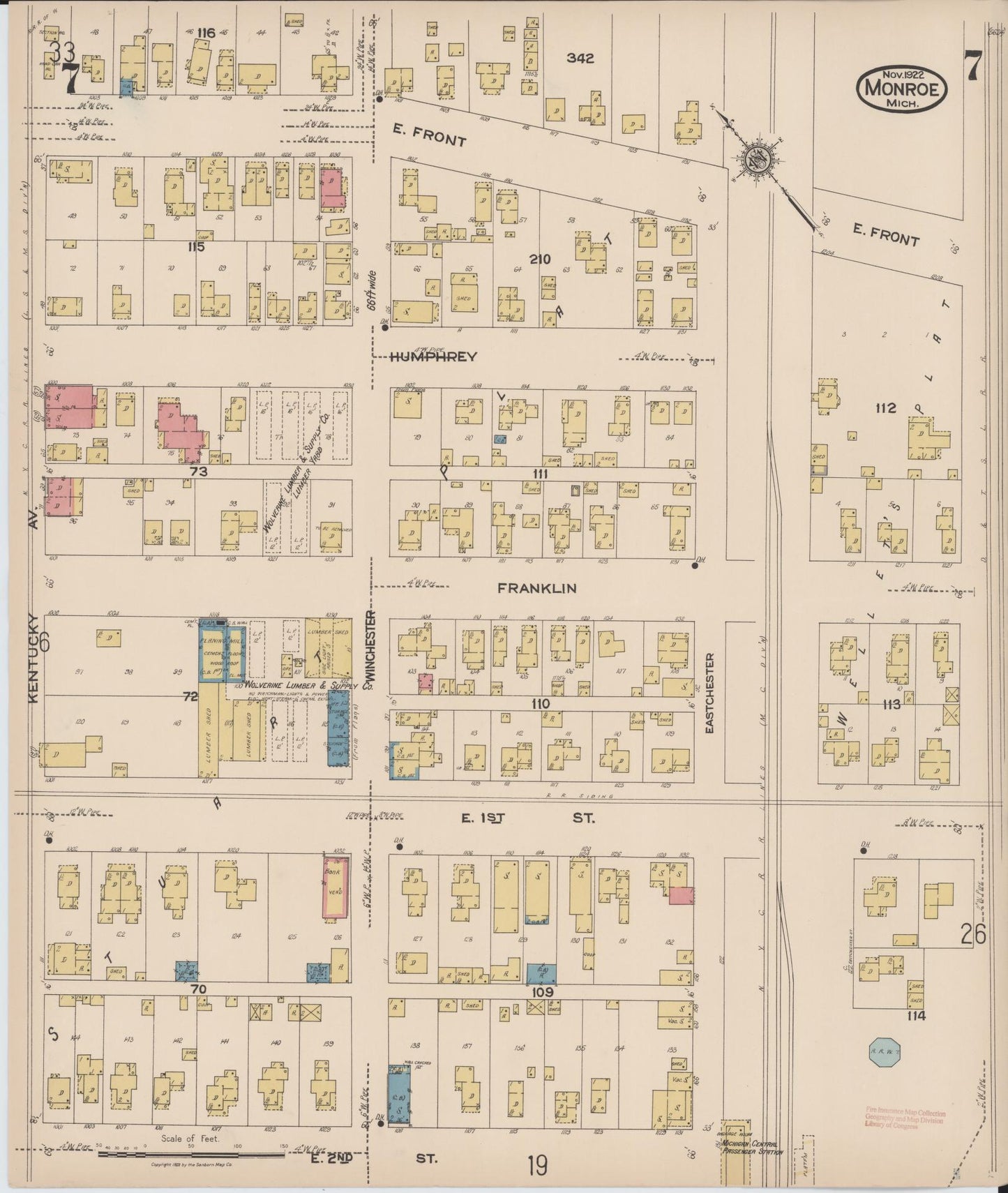 Sanborn Fire Insurance Map from Monroe, Monroe County, Michigan (1922), Sheet #0007 - Historic Sanborn Fire Insurance Map Print, vintage old map wall art, antique decor, genealogy gift, Michigan Michigan map