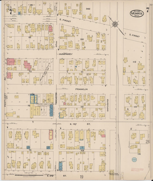 Sanborn Fire Insurance Map from Monroe, Monroe County, Michigan (1922), Sheet #0007 - Historic Sanborn Fire Insurance Map Print, vintage old map wall art, antique decor, genealogy gift, Michigan Michigan map