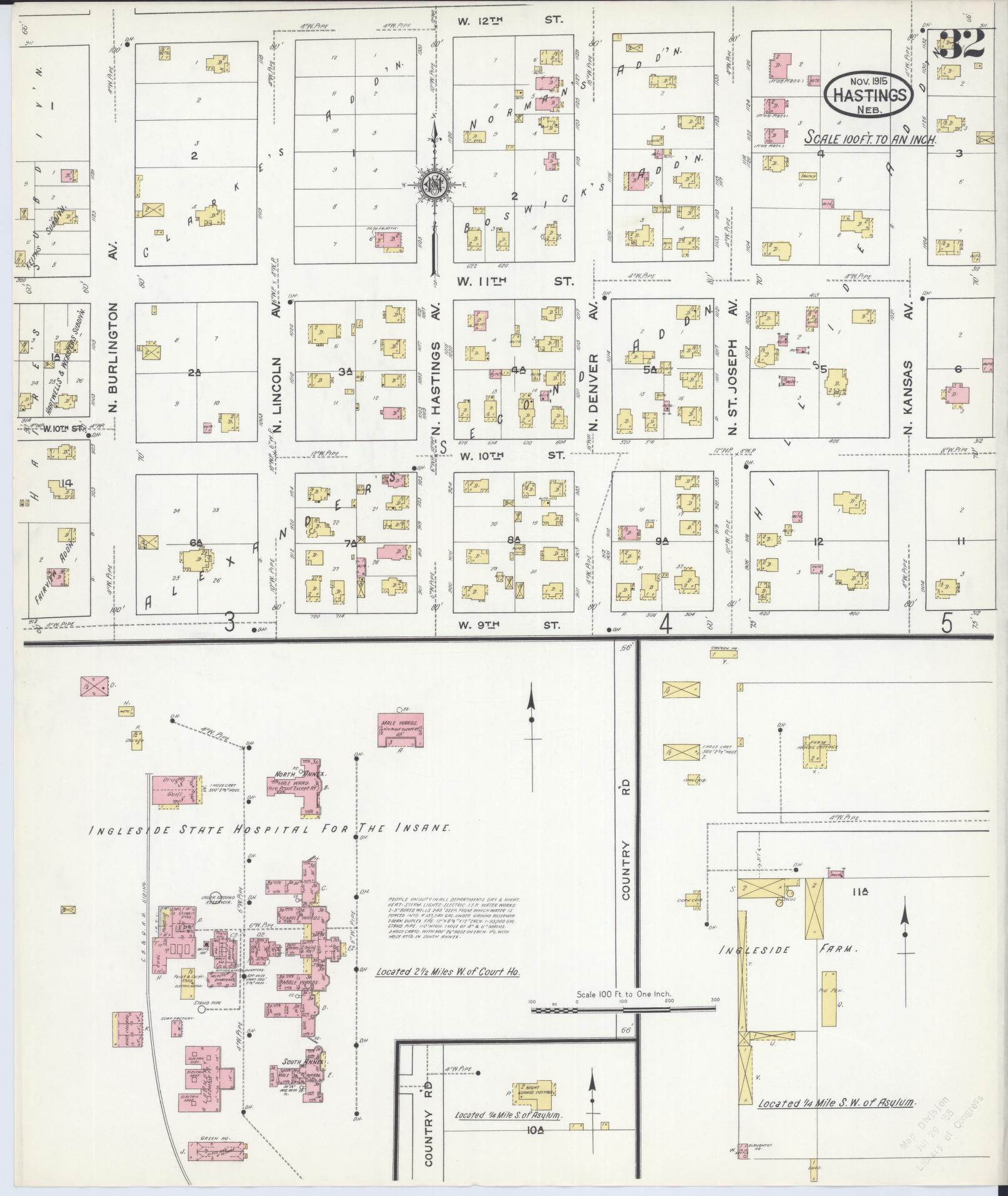 Sanborn Fire Insurance Map from Hastings, Adams County, Nebraska (1915), Sheet #0032 - Historic Sanborn Fire Insurance Map Print, vintage old map wall art, antique decor, genealogy gift, Nebraska Nebraska map