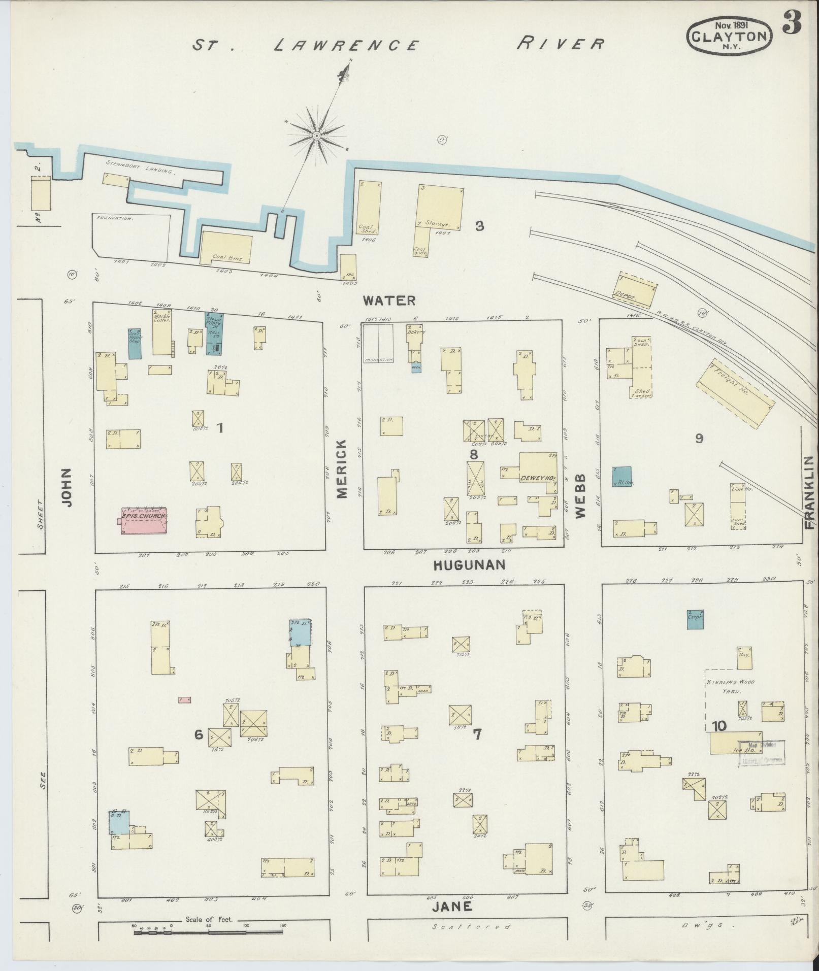 Sanborn Fire Insurance Map from Clayton, Jefferson County, New York (1891), Sheet #0003 - Complete Map Set gallery image, historic Sanborn map, vintage wall art, New York New York