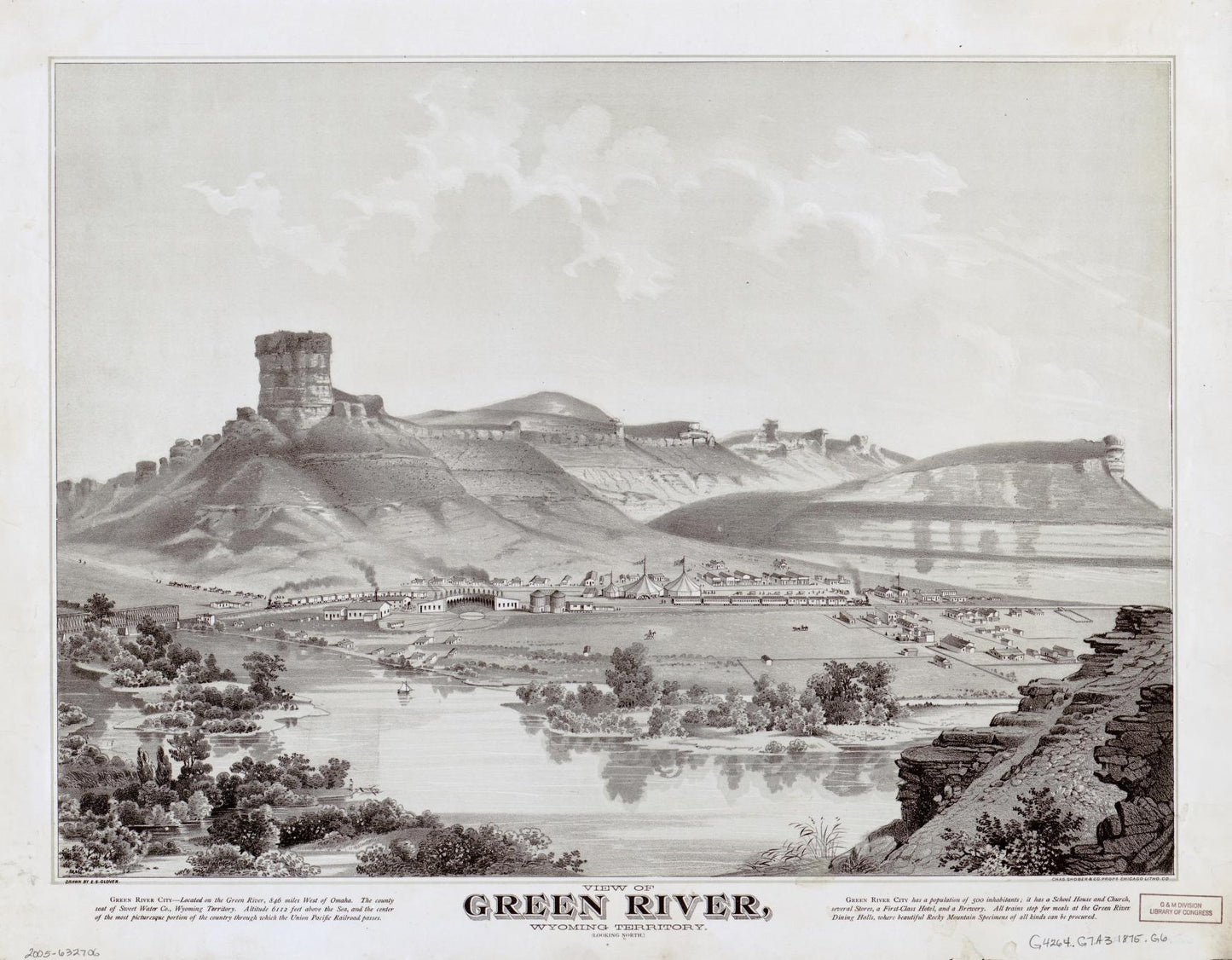 View of Green River, Wyoming Territory (looking north) (1875) – Historic Bird’s-Eye View Panorama Print