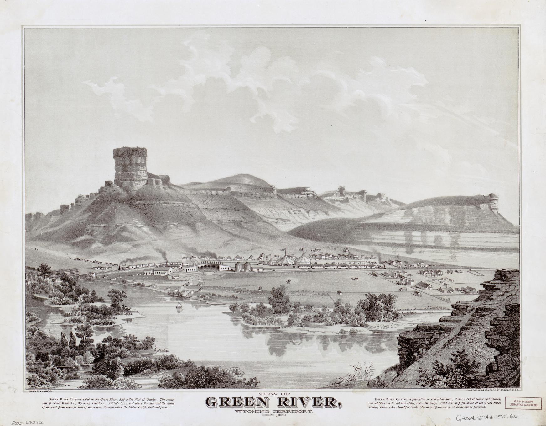 View of Green River, Wyoming Territory (looking north) (1875) – Historic Bird’s-Eye View Panorama Print