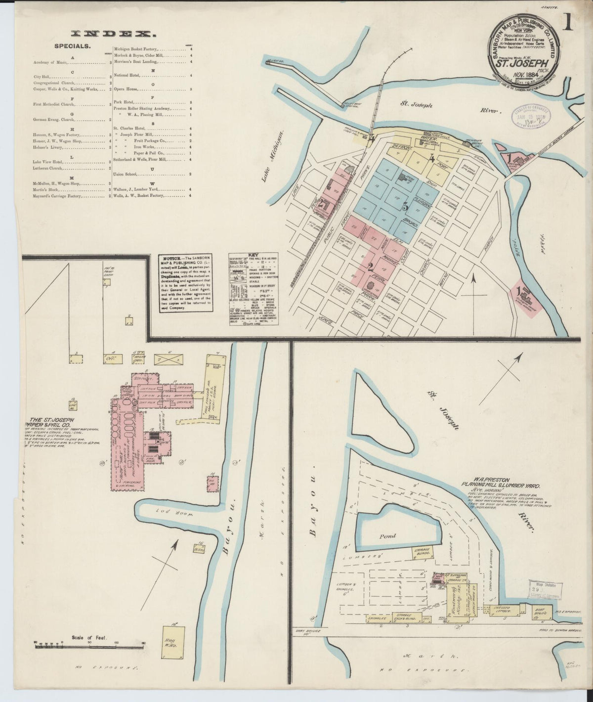 Sanborn Fire Insurance Map from Saint Joseph, Berrien County, Michigan (1884), Sheet #0001 - Historic Sanborn Fire Insurance Map Print, vintage old map wall art, antique decor, genealogy gift, Michigan Michigan map