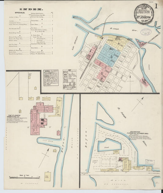 Sanborn Fire Insurance Map from Saint Joseph, Berrien County, Michigan (1884), Sheet #0001 - Historic Sanborn Fire Insurance Map Print, vintage old map wall art, antique decor, genealogy gift, Michigan Michigan map