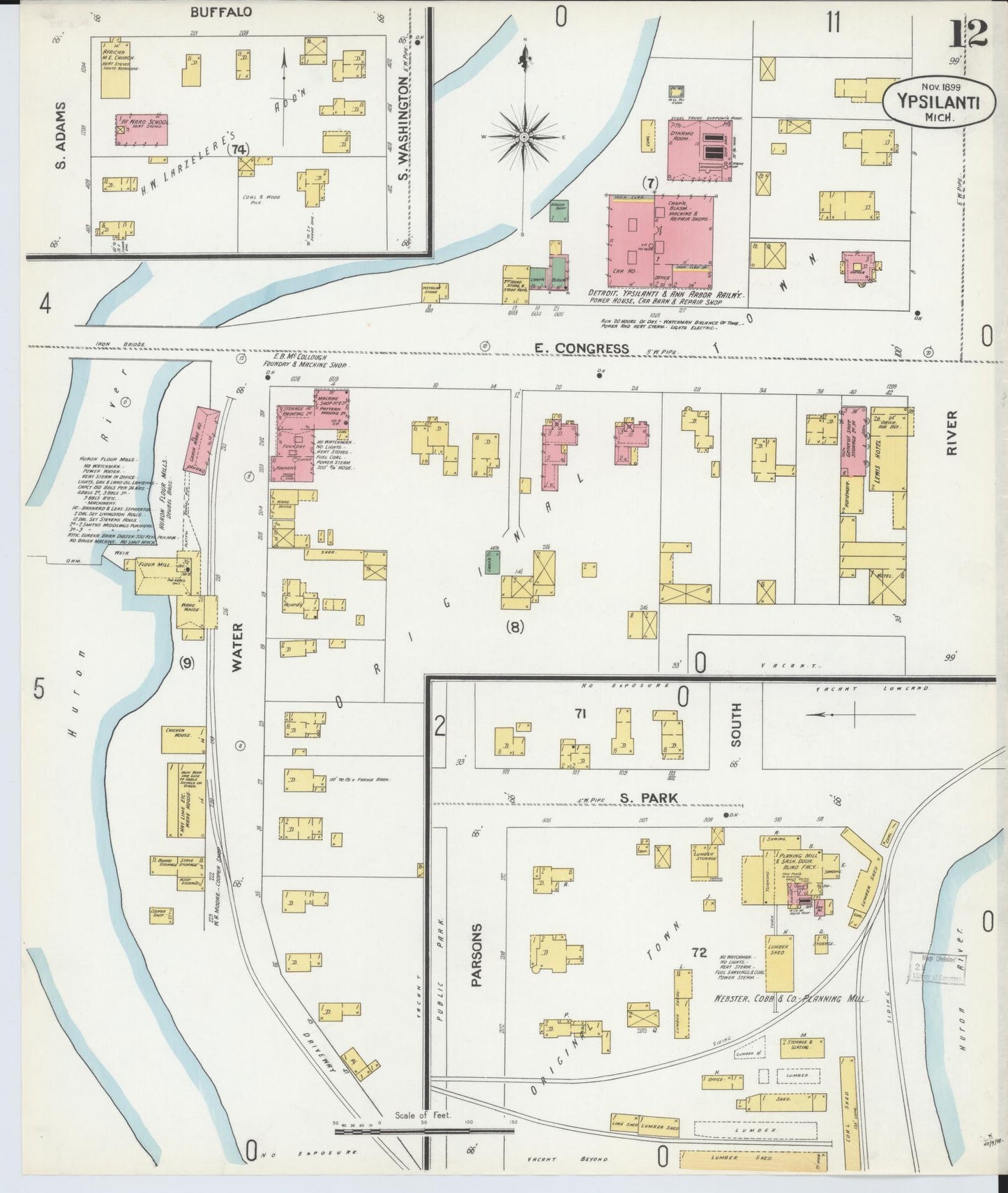 Sanborn Fire Insurance Map from Ypsilanti, Washtenaw County, Michigan (1899), Sheet #0012 - Complete Map Set gallery image, historic Sanborn map, vintage wall art, Michigan Michigan