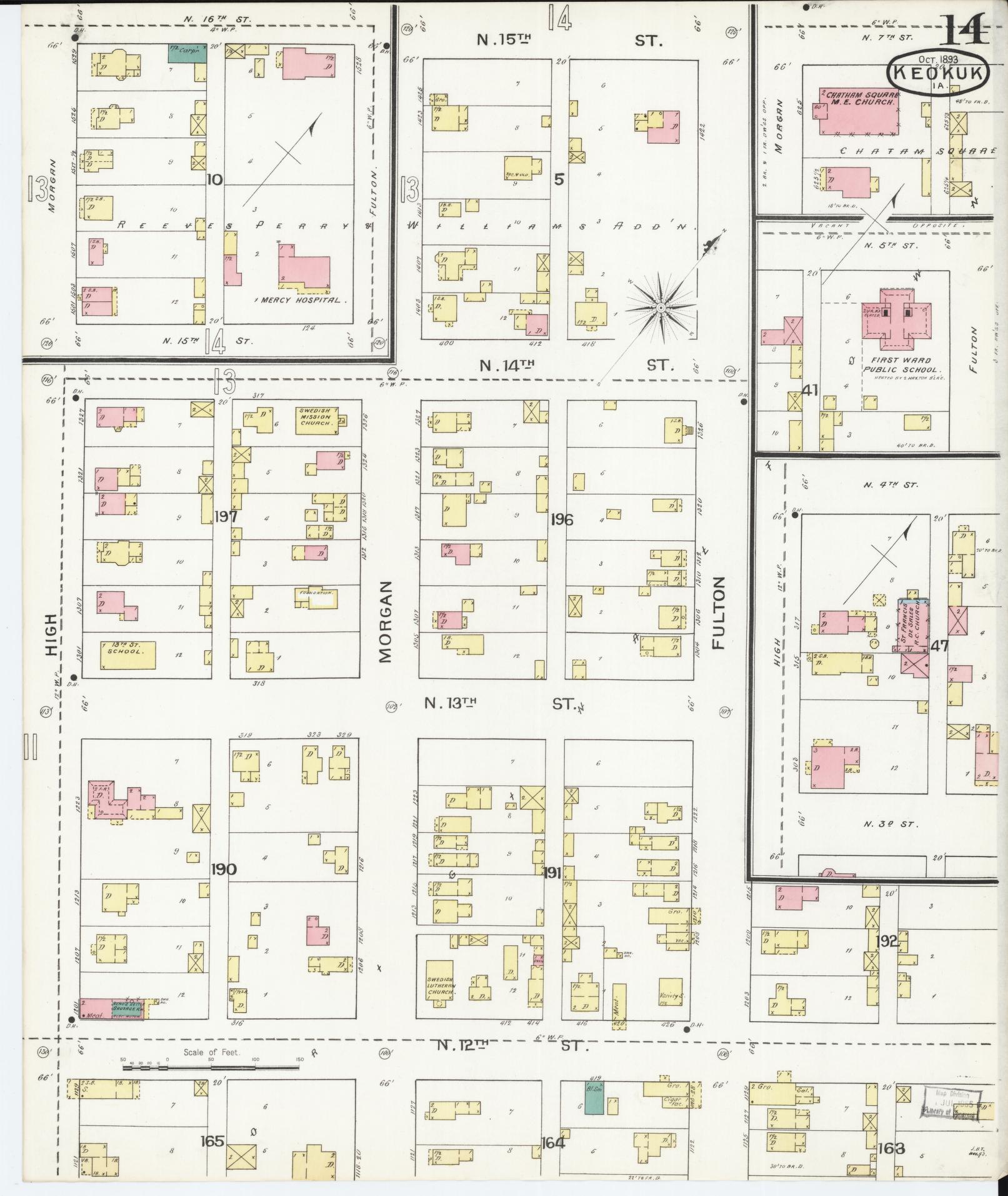 Sanborn Fire Insurance Map from Keokuk, Lee County, Iowa (1893), Sheet #0014 - Historic Sanborn Fire Insurance Map Print, vintage old map wall art