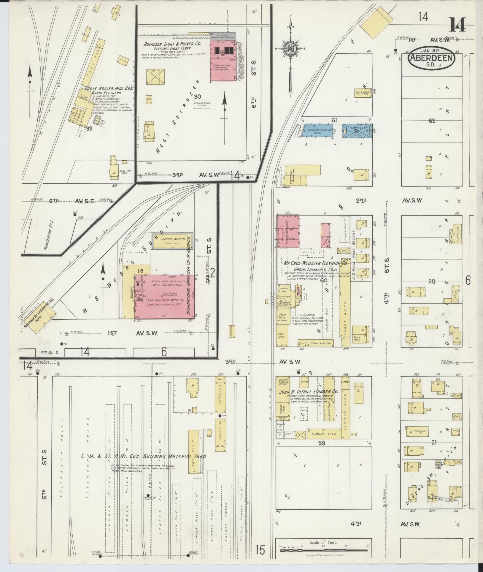 Sanborn Fire Insurance Map from Aberdeen, Brown County, South Dakota (1917), Sheet #0014 - Historic Sanborn Fire Insurance Map Print, vintage old map wall art, antique decor, genealogy gift, South Dakota South Dakota map