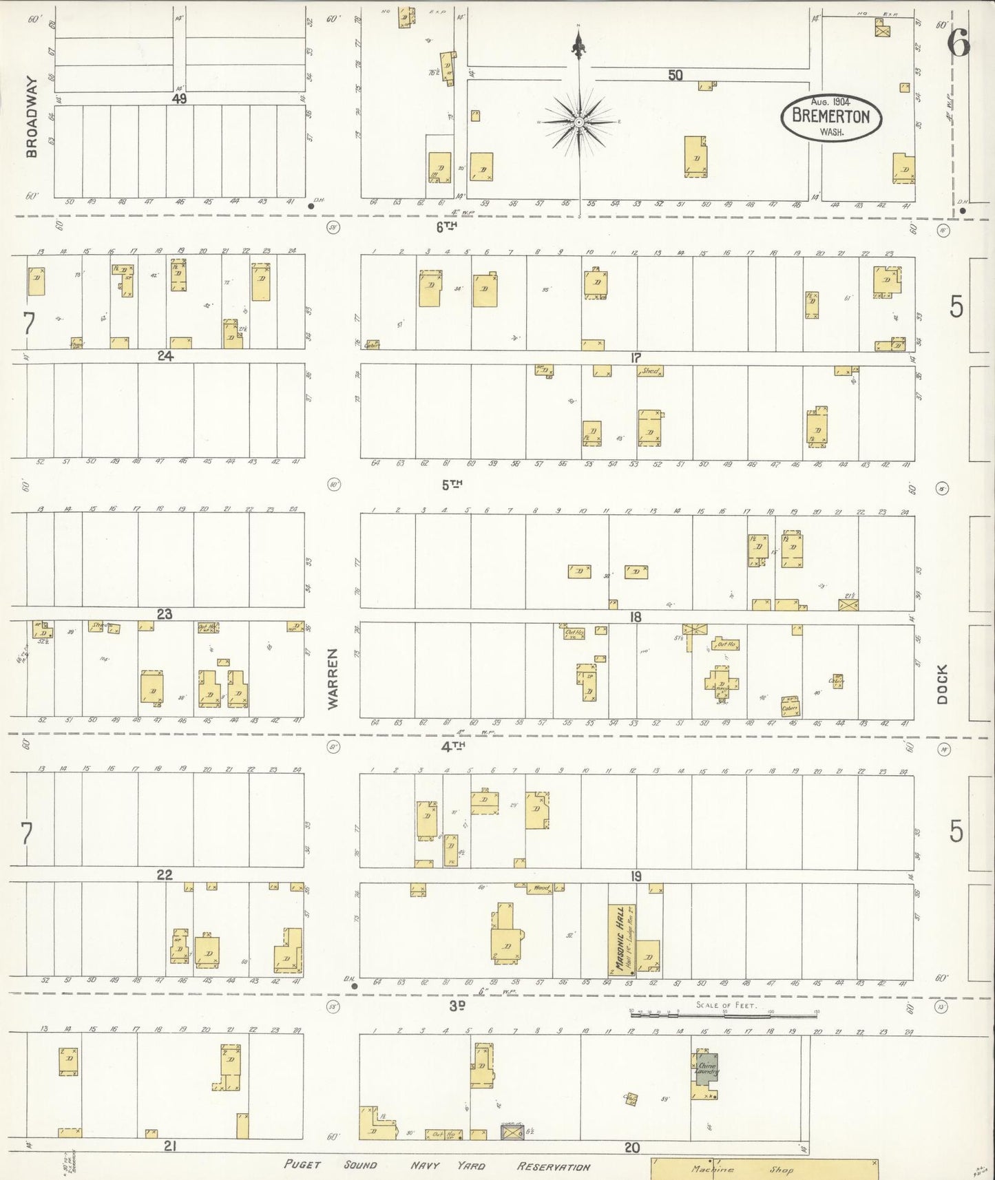 Sanborn Fire Insurance Map from Bremerton, Kitsap County, Washington (1904), Sheet #0006 - Complete Map Set gallery image, historic Sanborn map, vintage wall art, Washington Washington