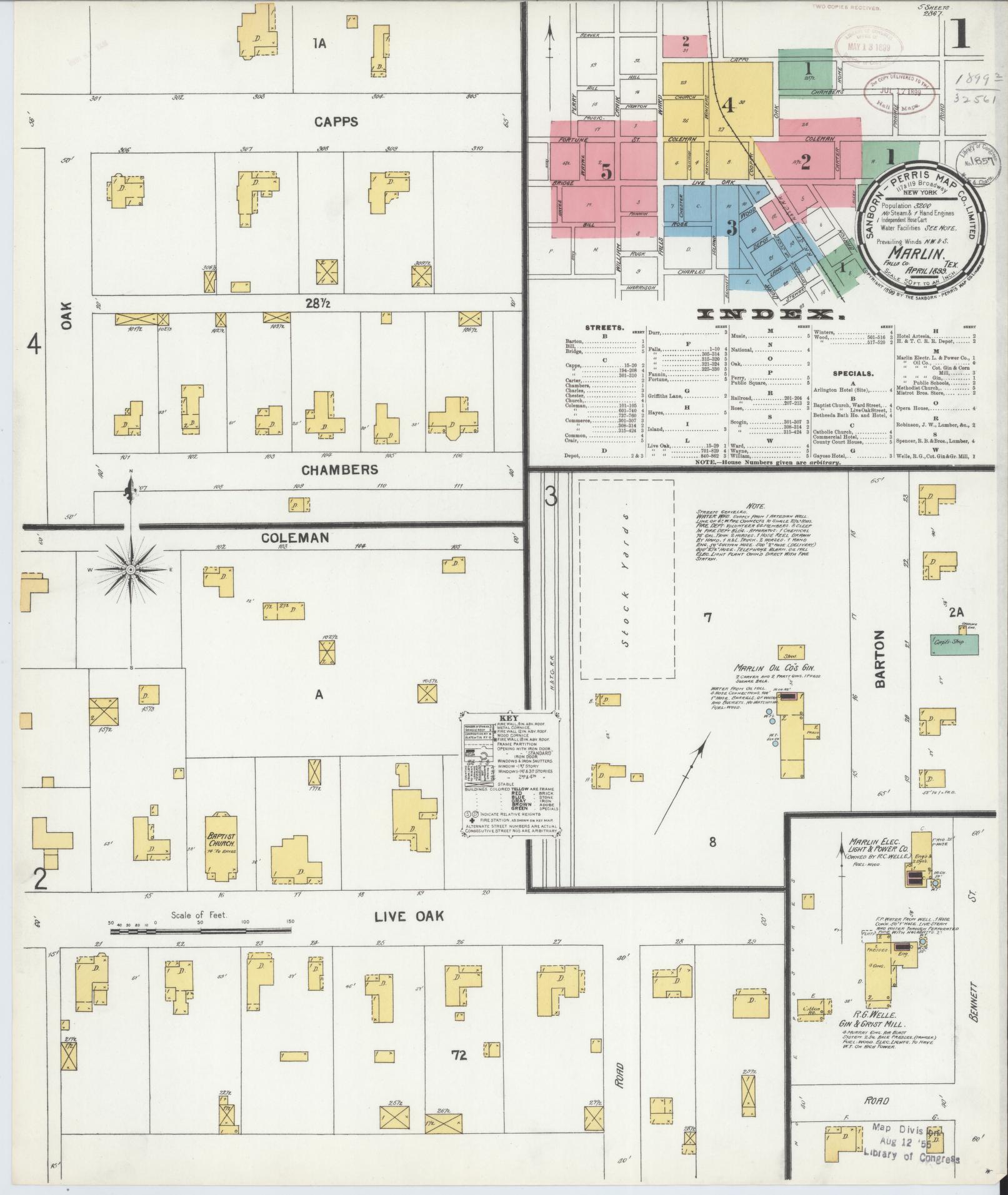 Sanborn Fire Insurance Map from Marlin, Falls County, Texas (1899), Sheet #0001 - Complete Map Set gallery image, historic Sanborn map, vintage wall art, Texas Texas