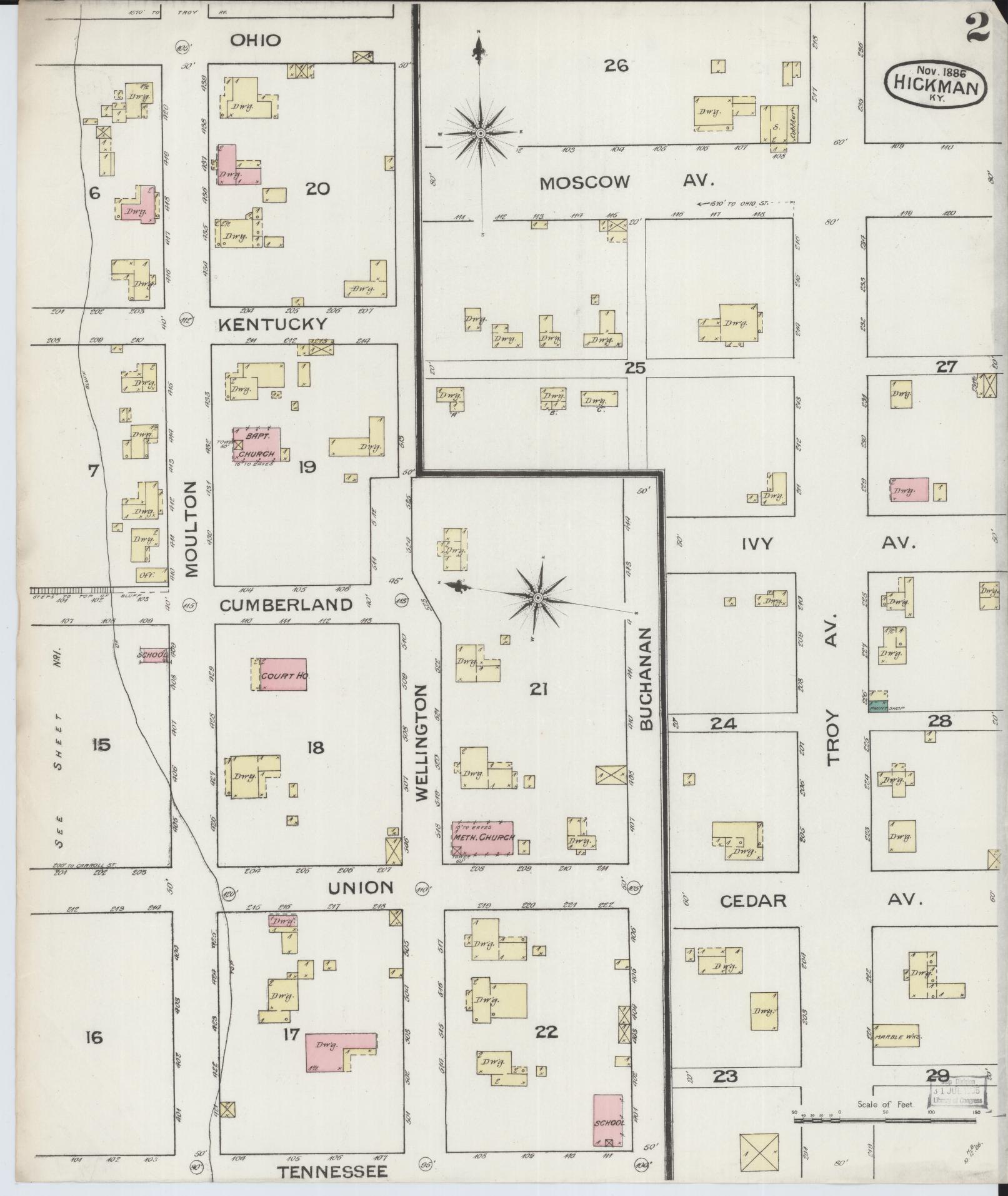 Sanborn Fire Insurance Map from Hickman, Fulton County, Kentucky (1886), Sheet #0002 - Complete Map Set gallery image, historic Sanborn map, vintage wall art, Kentucky Kentucky