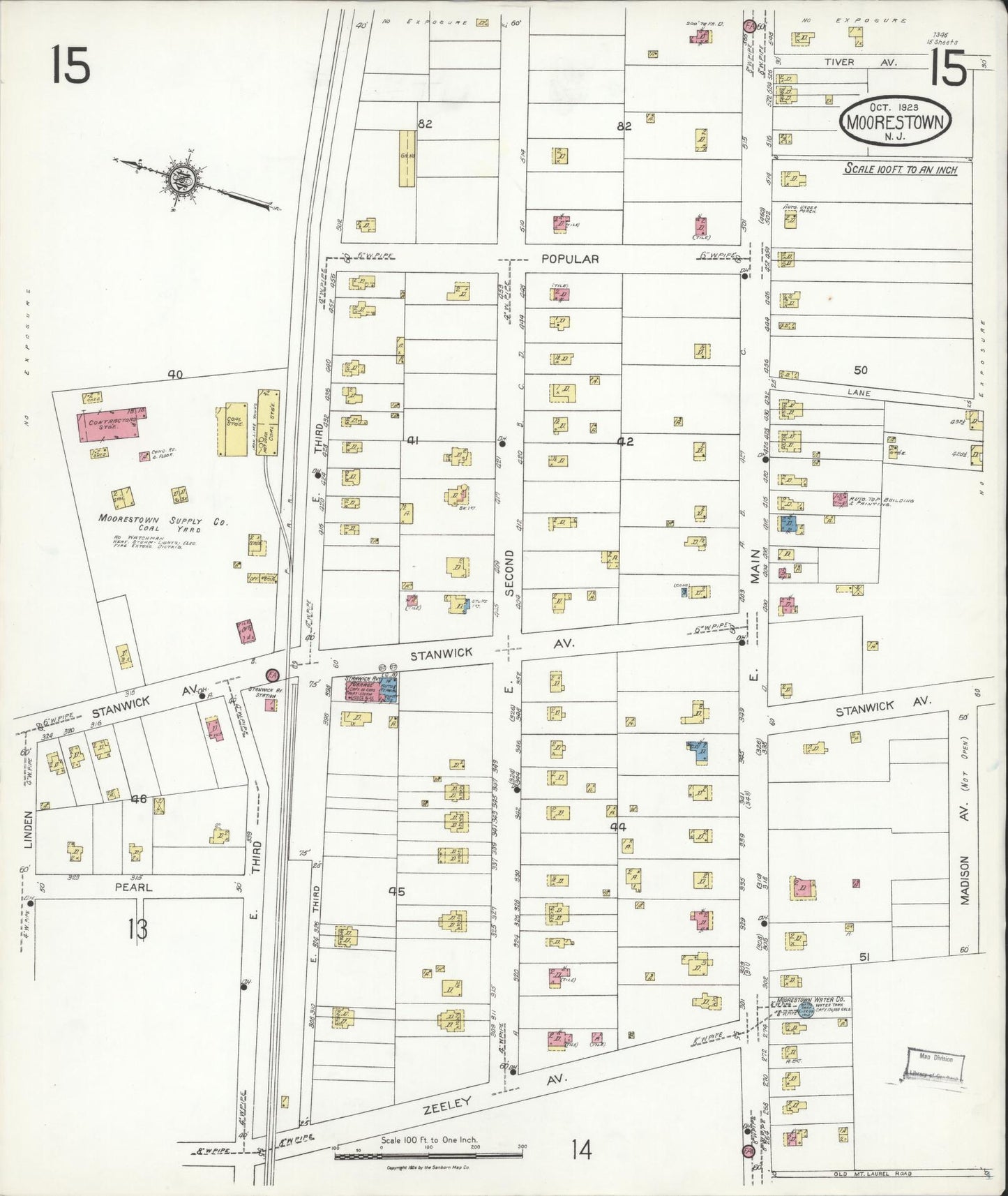 Sanborn Fire Insurance Map from Moorestown, Burlington County, New Jersey (1923), Sheet #0015 - Historic Sanborn Fire Insurance Map Print, vintage old map wall art, antique decor, genealogy gift, New Jersey New Jersey map