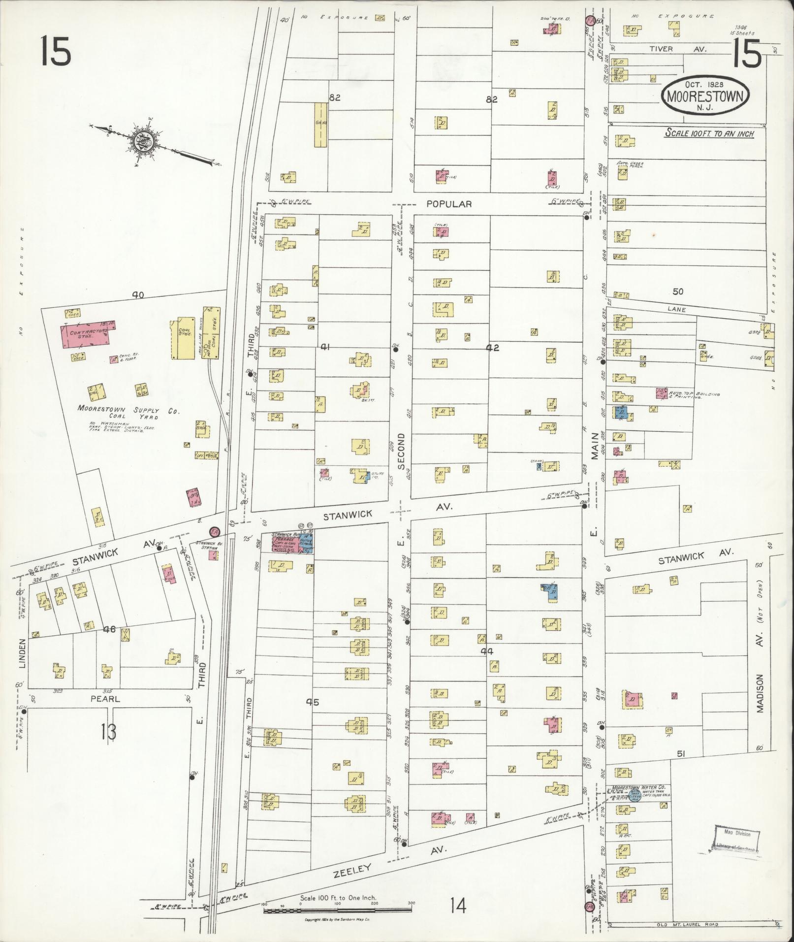 Sanborn Fire Insurance Map from Moorestown, Burlington County, New Jersey (1923), Sheet #0015 - Historic Sanborn Fire Insurance Map Print, vintage old map wall art, antique decor, genealogy gift, New Jersey New Jersey map