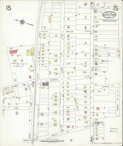 Sanborn Fire Insurance Map from Moorestown, Burlington County, New Jersey (1923), Sheet #0015 - Historic Sanborn Fire Insurance Map Print, vintage old map wall art, antique decor, genealogy gift, New Jersey New Jersey map