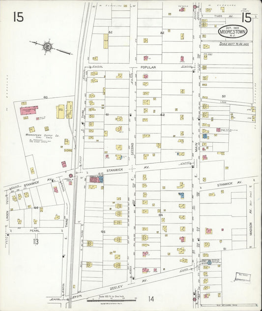Sanborn Fire Insurance Map from Moorestown, Burlington County, New Jersey (1923), Sheet #0015 - Historic Sanborn Fire Insurance Map Print, vintage old map wall art, antique decor, genealogy gift, New Jersey New Jersey map