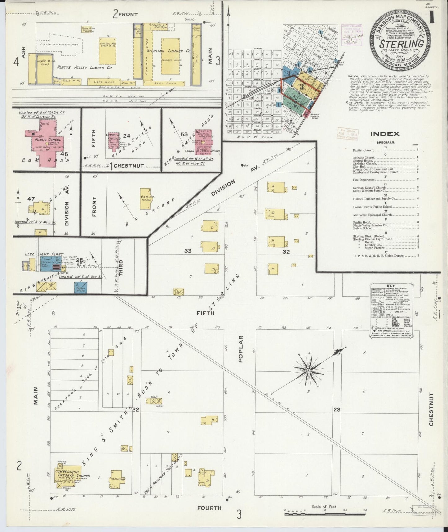 Sanborn Fire Insurance Map from Sterling, Logan County, Colorado (1908), Sheet #0001 - Complete Map Set gallery image, historic Sanborn map, vintage wall art, Colorado Colorado