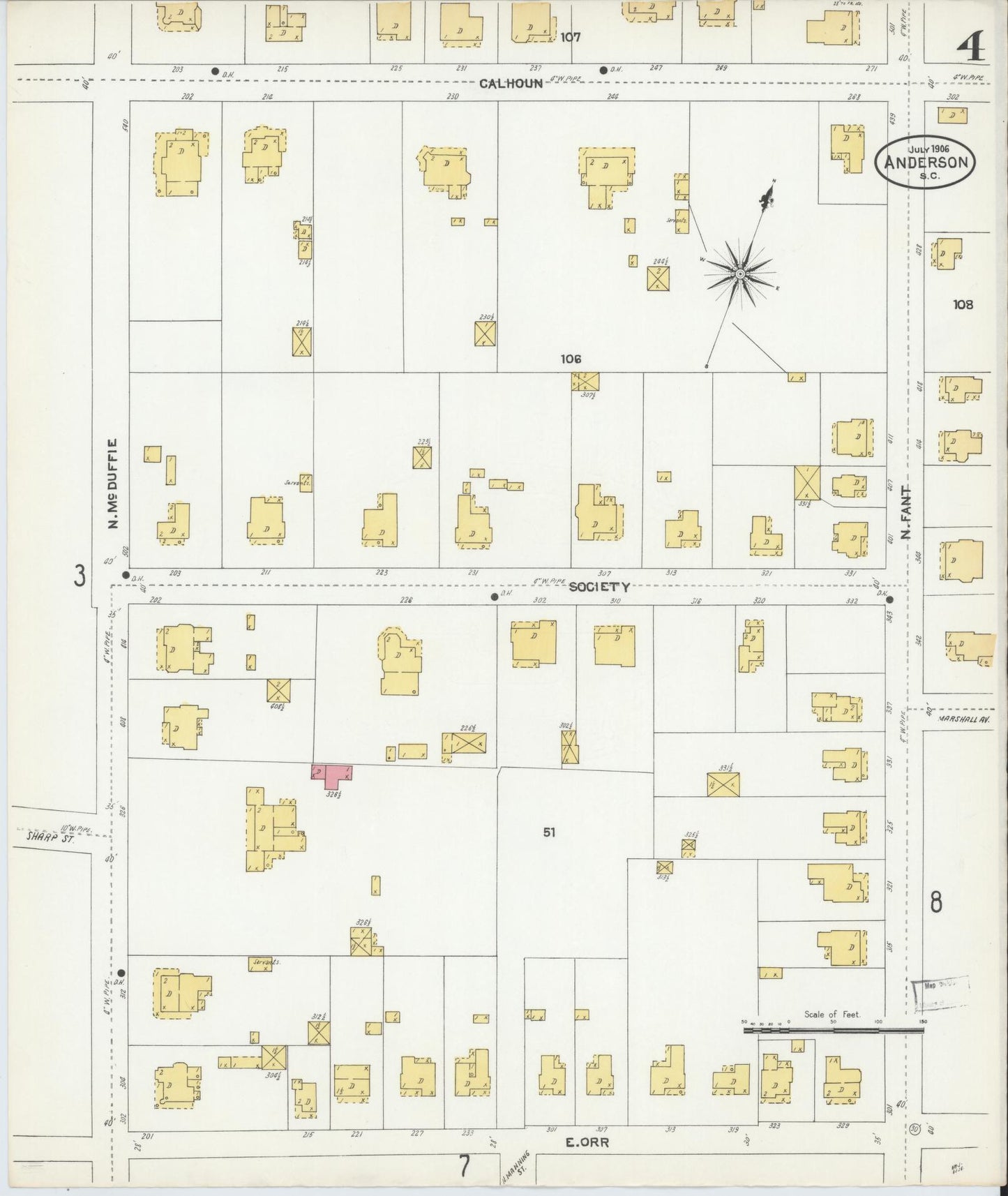 Sanborn Fire Insurance Map from Anderson, Anderson County, South Carolina (1906), Sheet #0004 - Complete Map Set gallery image, historic Sanborn map, vintage wall art, South Carolina South Carolina