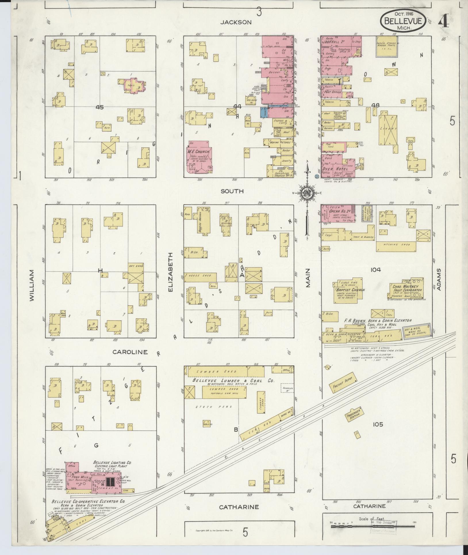 Sanborn Fire Insurance Map from Bellevue, Eaton County, Michigan (1916), Sheet #0004 - Historic Sanborn Fire Insurance Map Print, vintage old map wall art, antique decor, genealogy gift, Michigan Michigan map