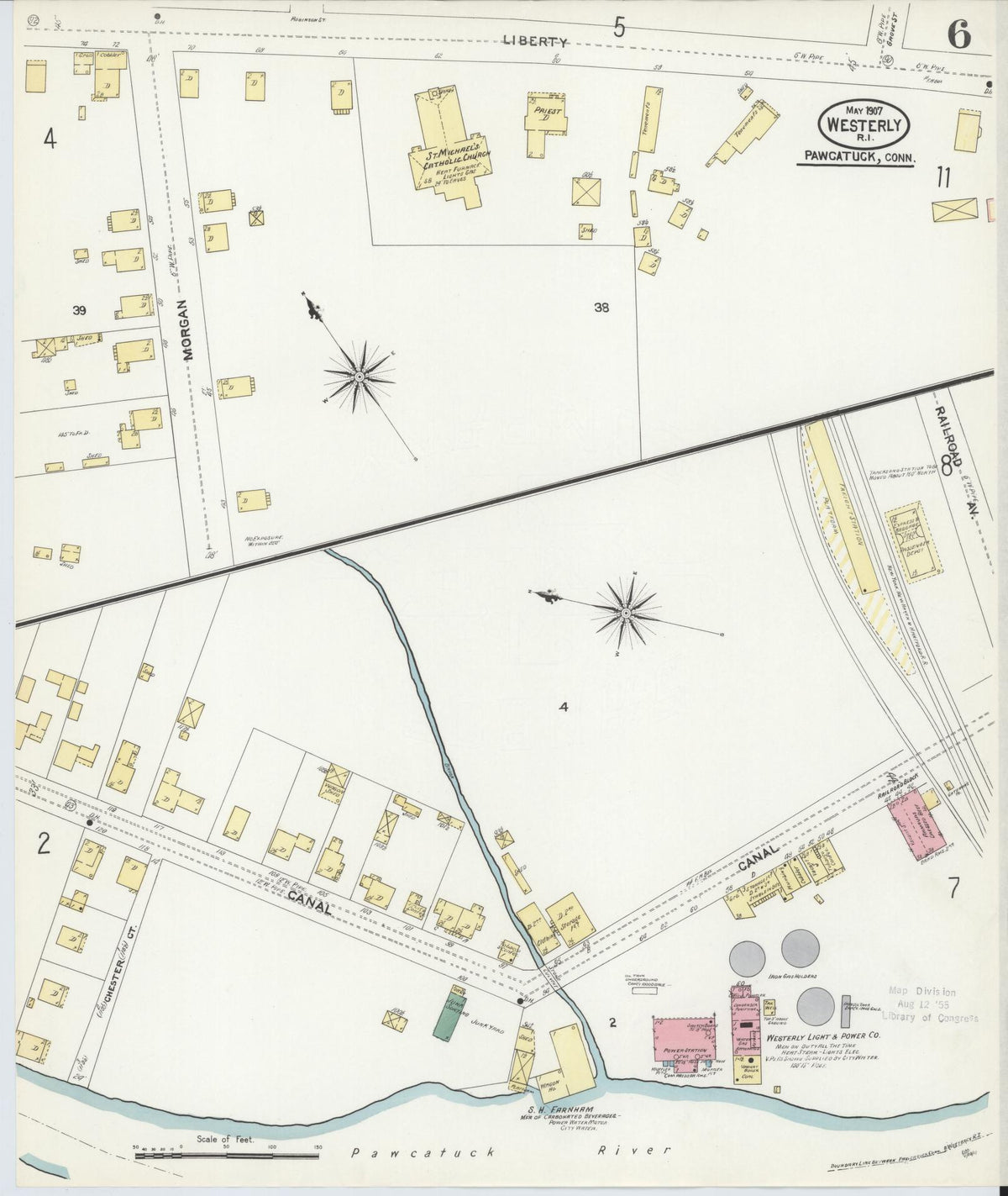 Sanborn Fire Insurance Map from Westerly, Washington County, Rhode Island (1907), Sheet #0006 - Historic Sanborn Fire Insurance Map Print, vintage old map wall art, antique decor, genealogy gift, Rhode Island Rhode Island map