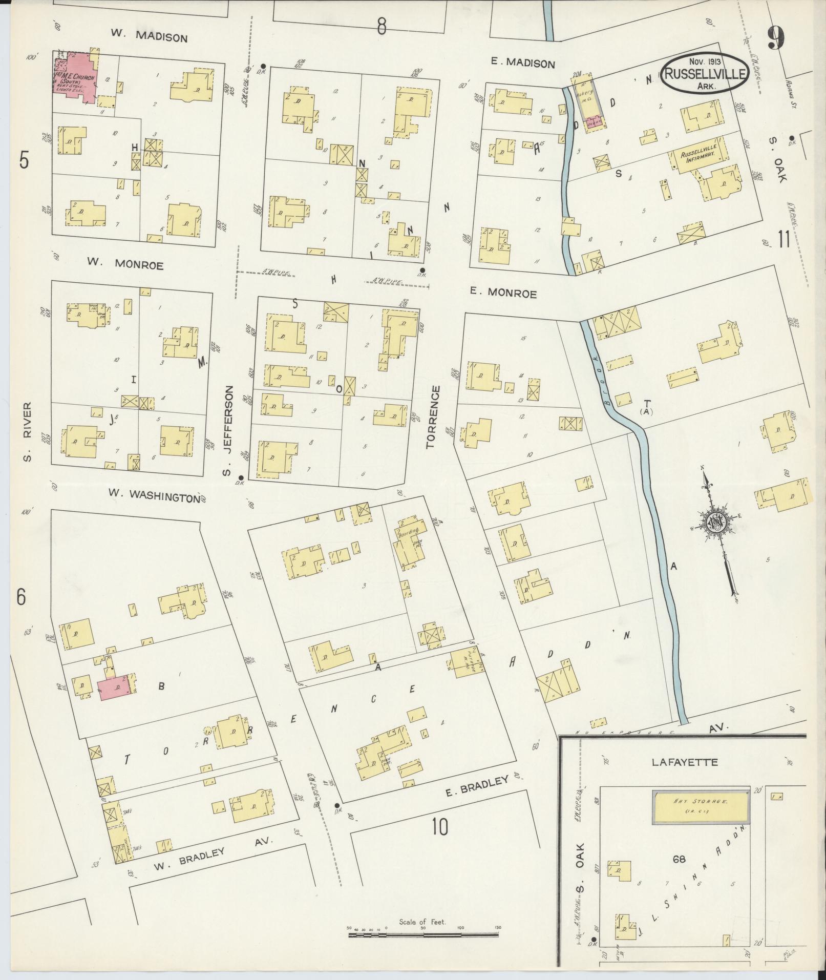 Sanborn Fire Insurance Map from Russellville, Pope County, Arkansas (1913), Sheet #0009 - Historic Sanborn Fire Insurance Map Print, vintage old map wall art, antique decor, genealogy gift, Arkansas Arkansas map