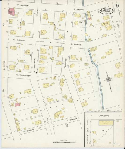 Sanborn Fire Insurance Map from Russellville, Pope County, Arkansas (1913), Sheet #0009 - Historic Sanborn Fire Insurance Map Print, vintage old map wall art, antique decor, genealogy gift, Arkansas Arkansas map