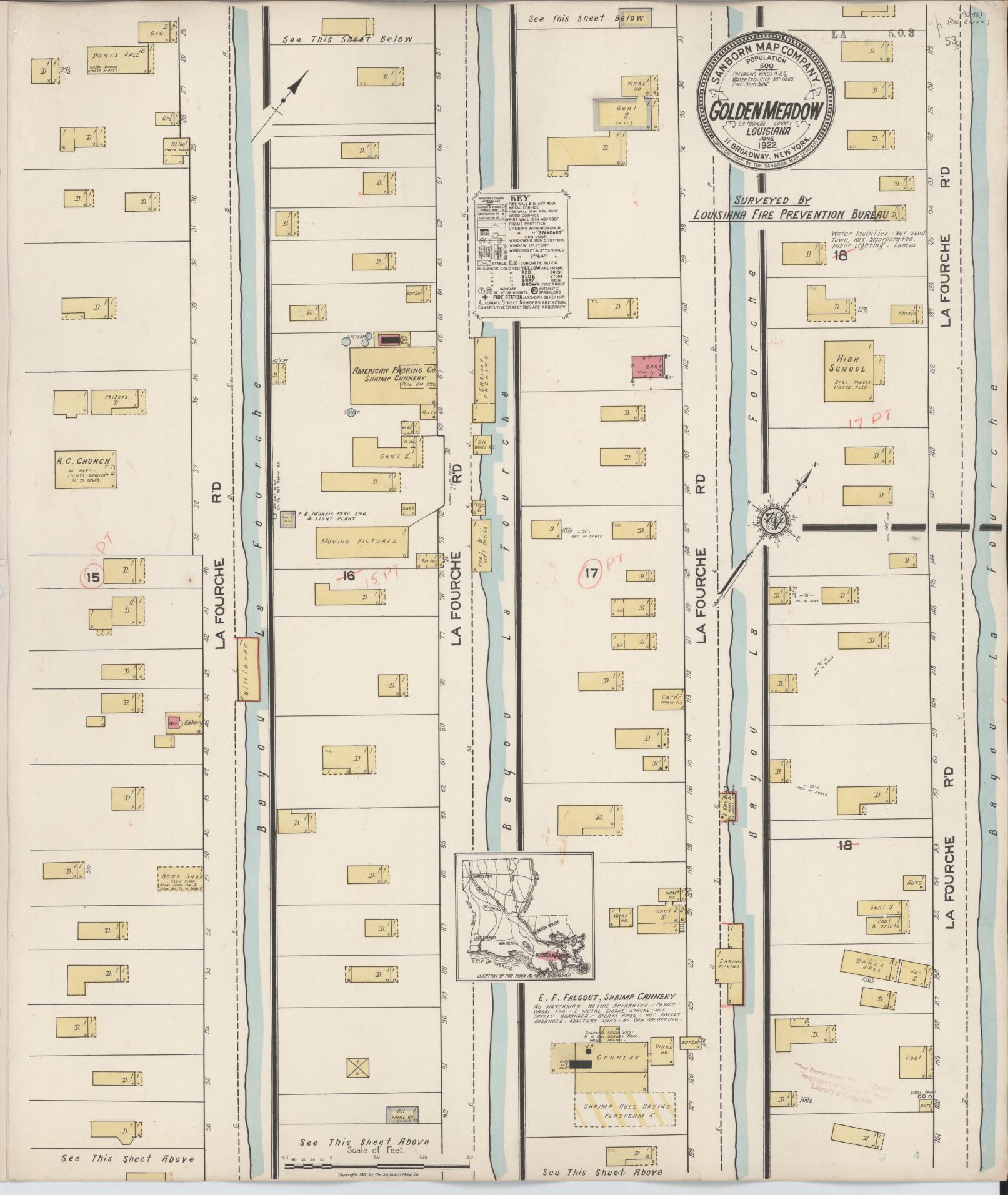 Sanborn Fire Insurance Map from Golden Meadow, Lafourche Parish, Louisiana (1922), Sheet #0001 - Historic Sanborn Fire Insurance Map Print, vintage old map wall art, antique decor, genealogy gift, Louisiana Louisiana map