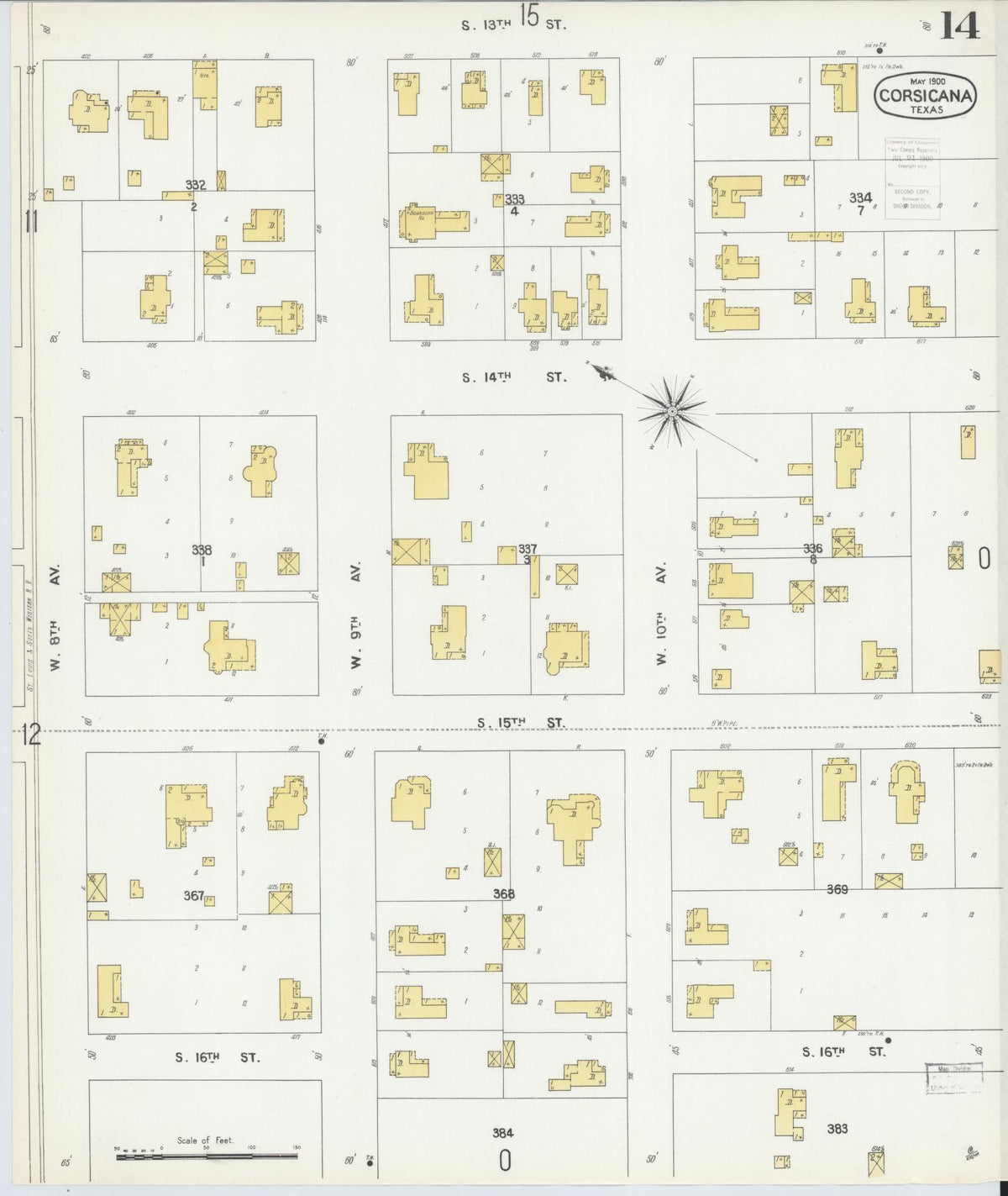 Sanborn Fire Insurance Map from Corsicana, Navarro County, Texas (1900), Sheet #0014 - Complete Map Set gallery image, historic Sanborn map, vintage wall art, Texas Texas