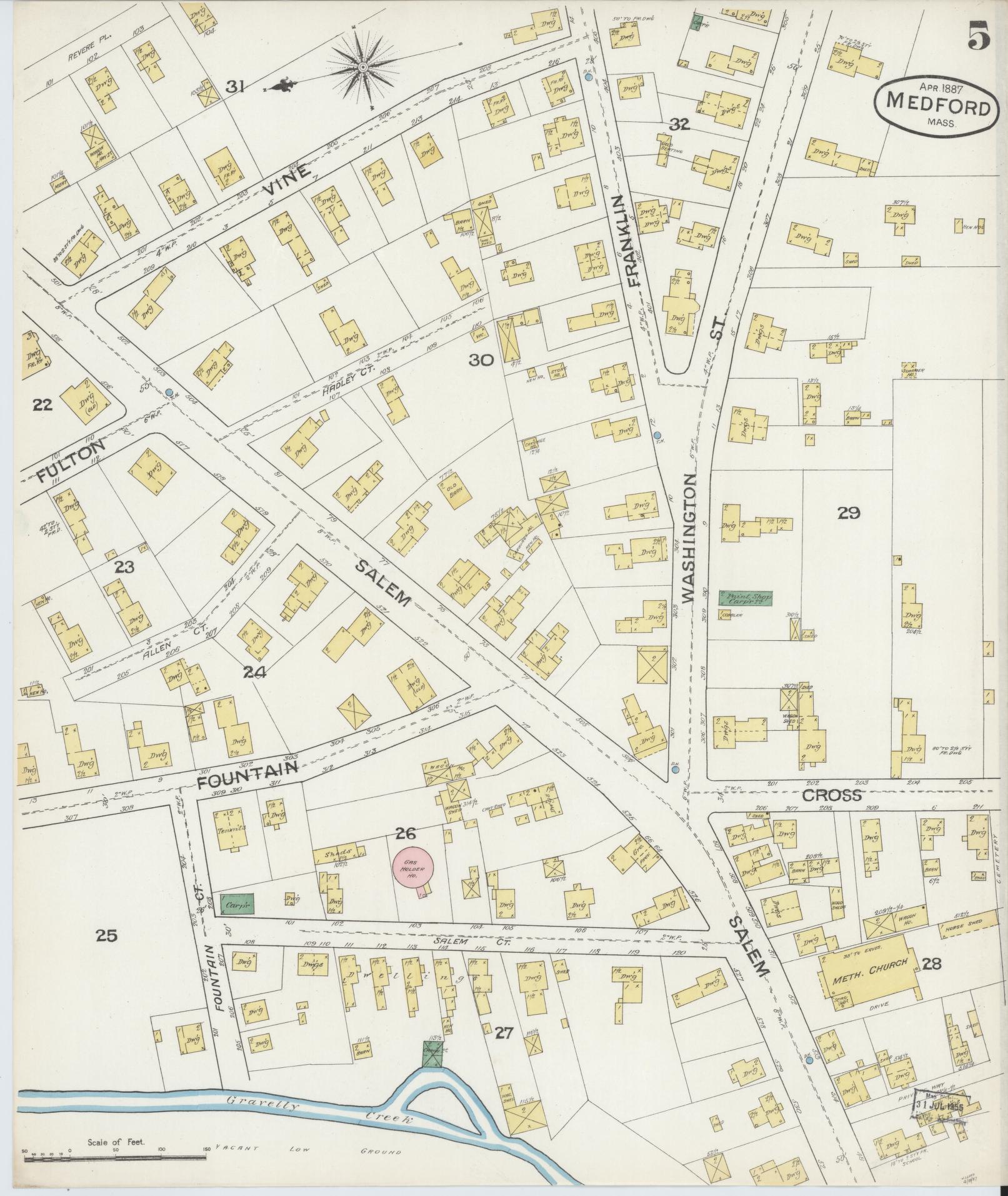 Sanborn Fire Insurance Map from Medford, Middlesex County, Massachusetts (1887), Sheet #0005 - Historic Sanborn Fire Insurance Map Print, vintage old map wall art, antique decor, genealogy gift, Massachusetts Massachusetts map