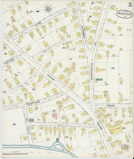 Sanborn Fire Insurance Map from Medford, Middlesex County, Massachusetts (1887), Sheet #0005 - Historic Sanborn Fire Insurance Map Print, vintage old map wall art, antique decor, genealogy gift, Massachusetts Massachusetts map