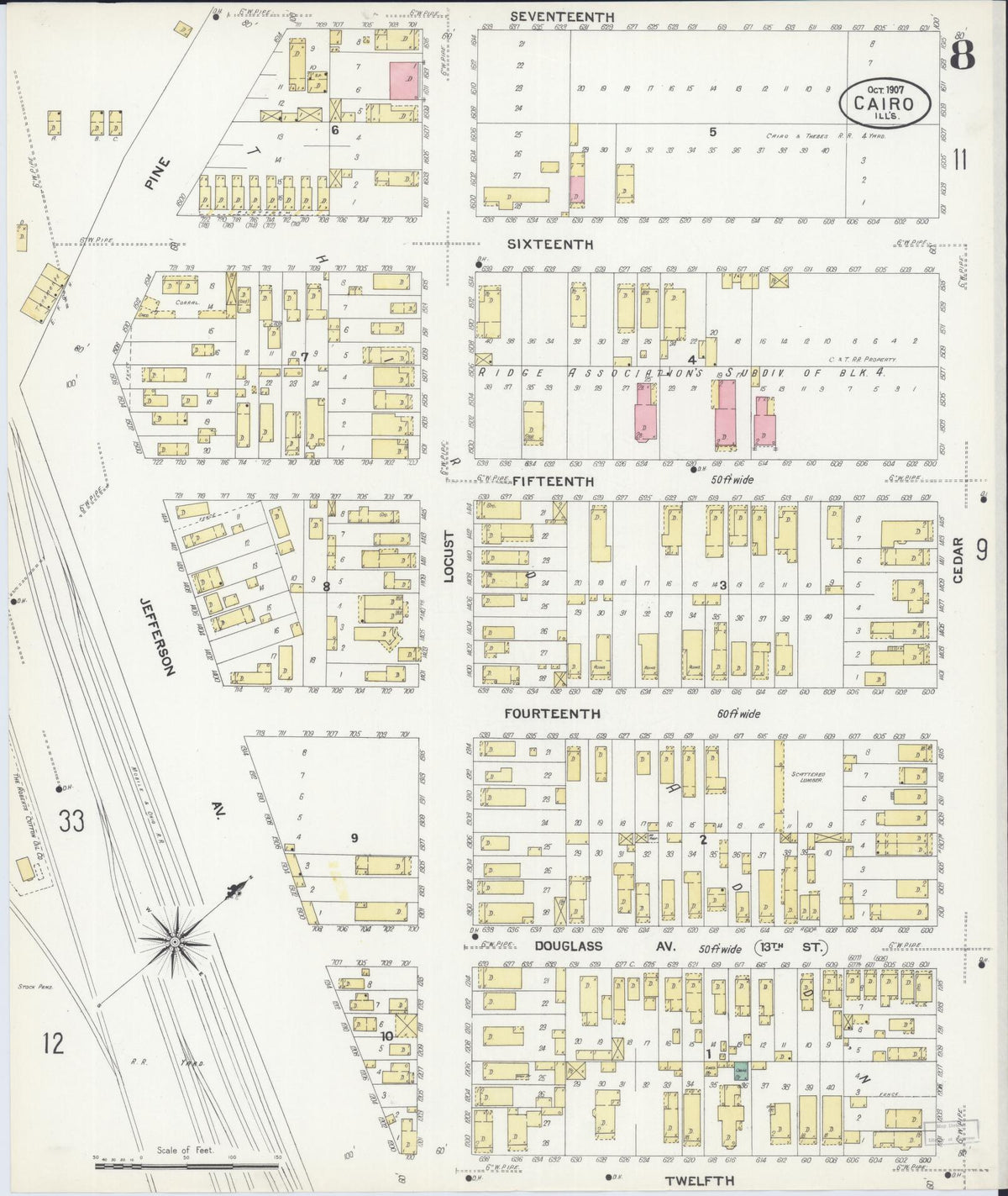 Sanborn Fire Insurance Map from Cairo, Alexander County, Illinois (1907), Sheet #0008 - Historic Sanborn Fire Insurance Map Print, vintage old map wall art, antique decor, genealogy gift, Illinois Illinois map