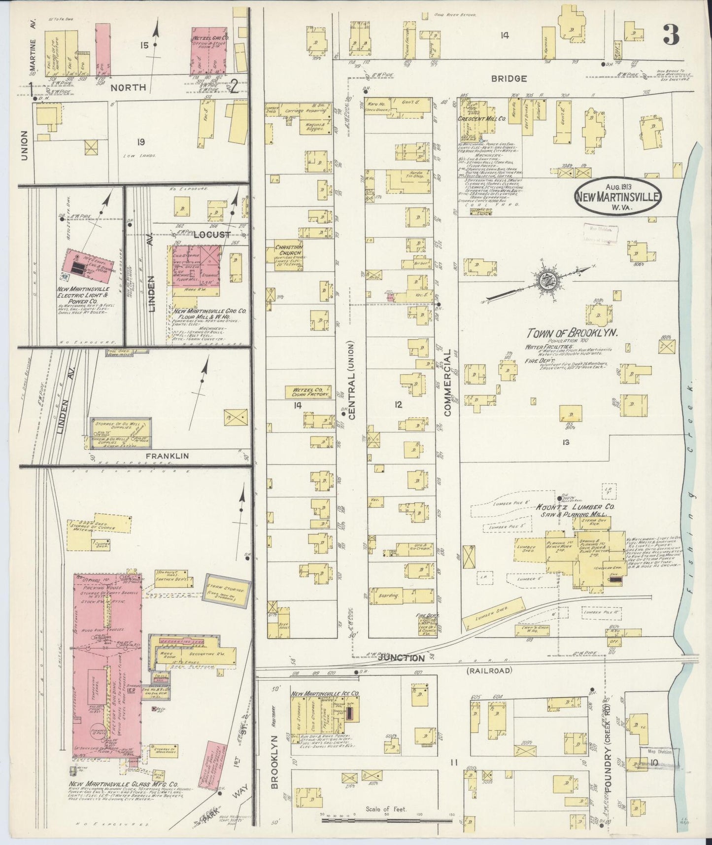 Sanborn Fire Insurance Map from New Martinsville, Wetzel County, West Virginia (1913), Sheet #0003 - Historic Sanborn Fire Insurance Map Print, vintage old map wall art, antique decor, genealogy gift, West Virginia West Virginia map