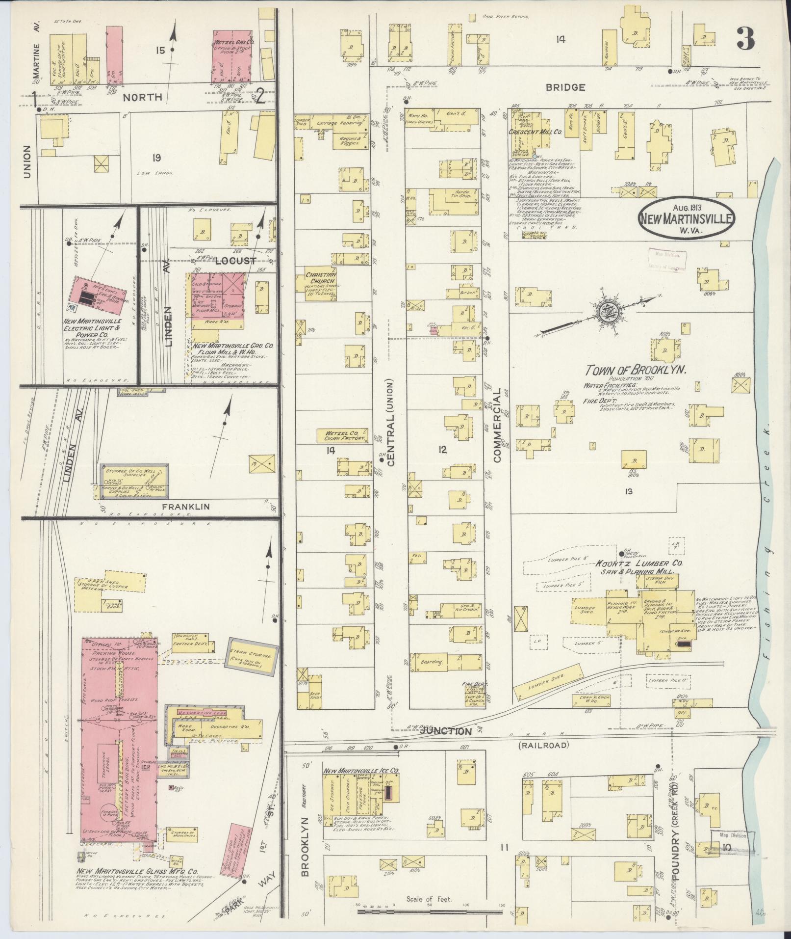 Sanborn Fire Insurance Map from New Martinsville, Wetzel County, West Virginia (1913), Sheet #0003 - Historic Sanborn Fire Insurance Map Print, vintage old map wall art, antique decor, genealogy gift, West Virginia West Virginia map