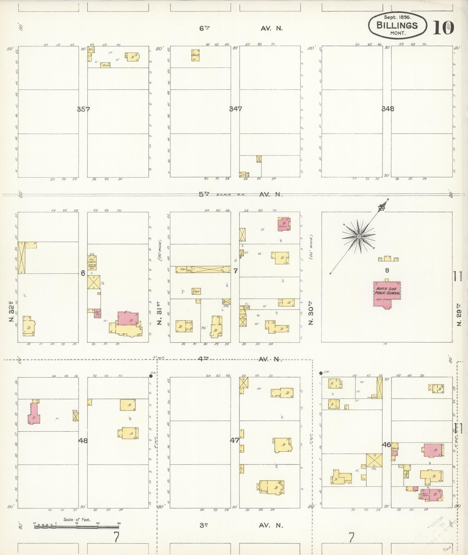 Sanborn Fire Insurance Map from Billings, Yellowstone County, Montana (1896), Sheet #0010 - Historic Sanborn Fire Insurance Map Print, vintage old map wall art, antique decor, genealogy gift, Montana Montana map