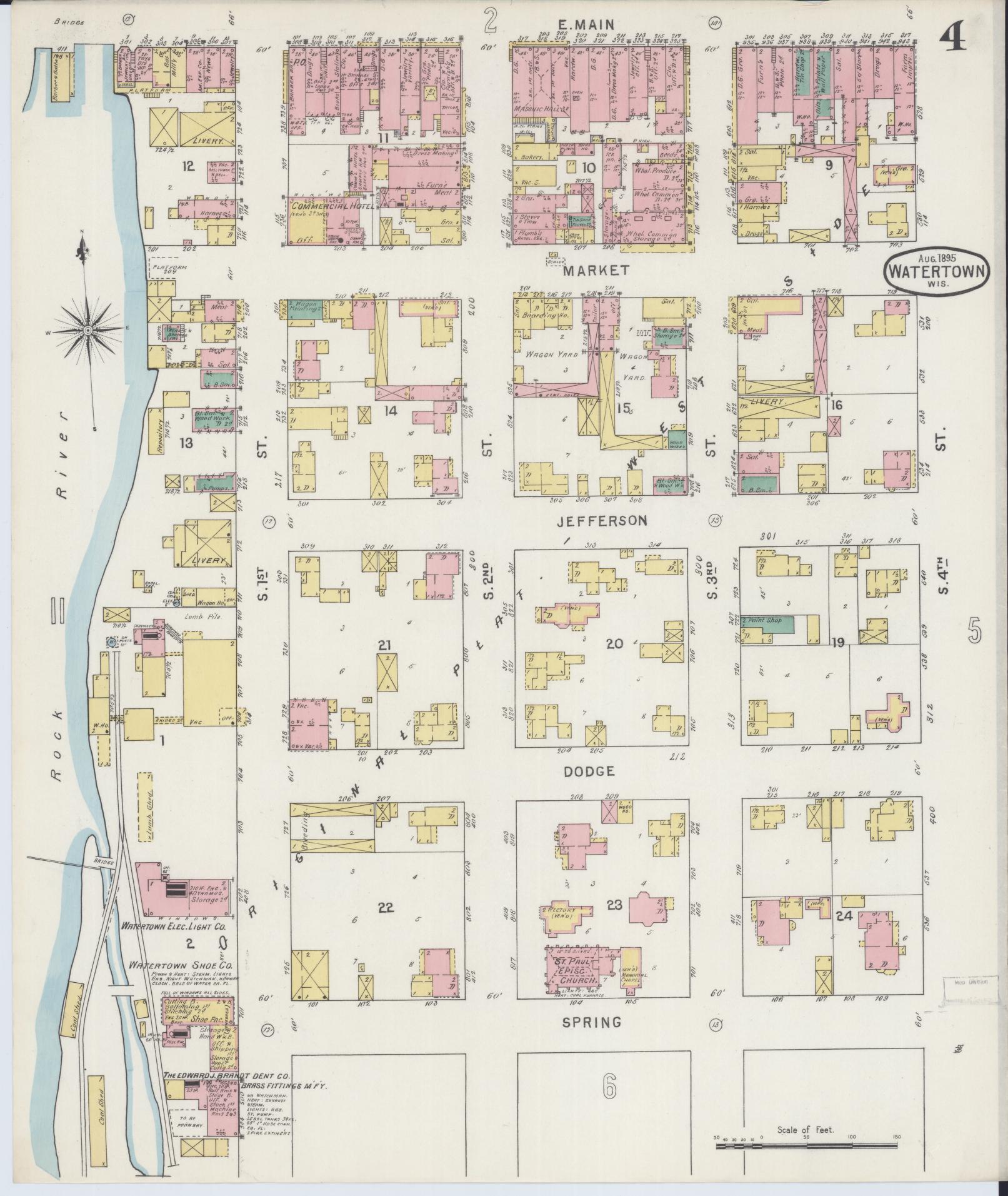 Sanborn Fire Insurance Map from Watertown, Jefferson County, Wisconsin (1895), Sheet #0004 - Historic Sanborn Fire Insurance Map Print, vintage old map wall art, antique decor, genealogy gift, Wisconsin Wisconsin map