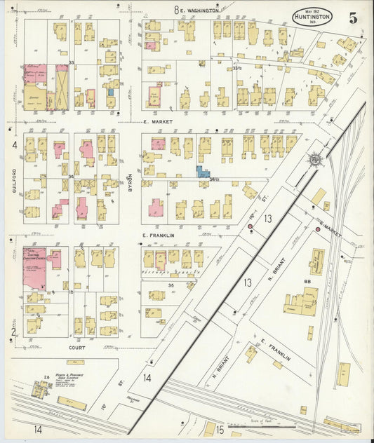 Sanborn Fire Insurance Map from Huntington, Huntington County, Indiana (1912), Sheet #0005 - Historic Sanborn Fire Insurance Map Print, vintage old map wall art, antique decor, genealogy gift, Indiana Indiana map