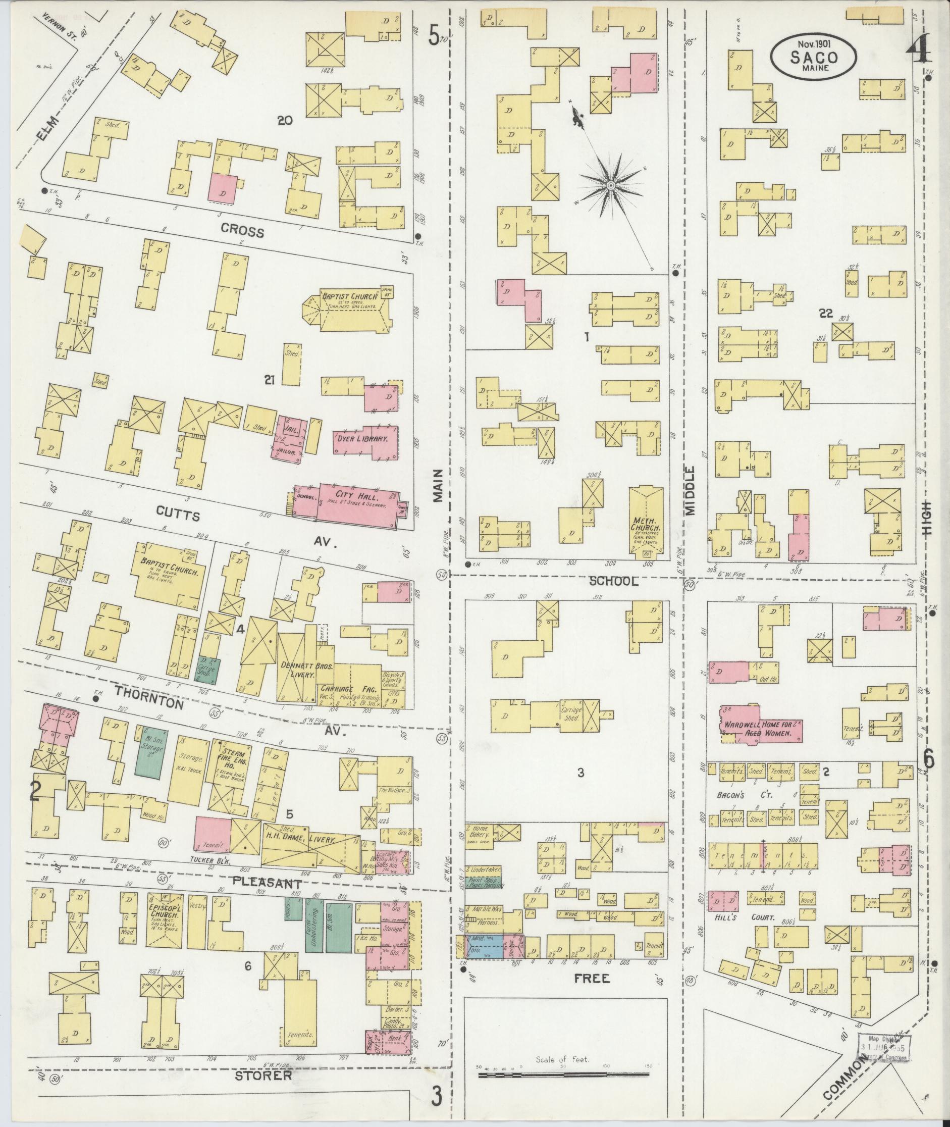 Sanborn Fire Insurance Map from Saco, York County, Maine (1901), Sheet #0004 - Complete Map Set gallery image, historic Sanborn map, vintage wall art, Maine Maine