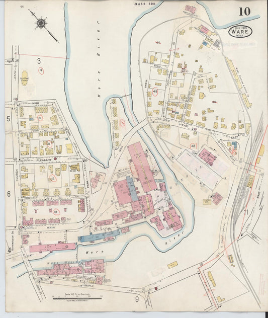Sanborn Fire Insurance Map from Ware, Hampshire County, Massachusetts (1946), Sheet #0010 - Historic Sanborn Fire Insurance Map Print, vintage old map wall art, antique decor, genealogy gift, Massachusetts Massachusetts map