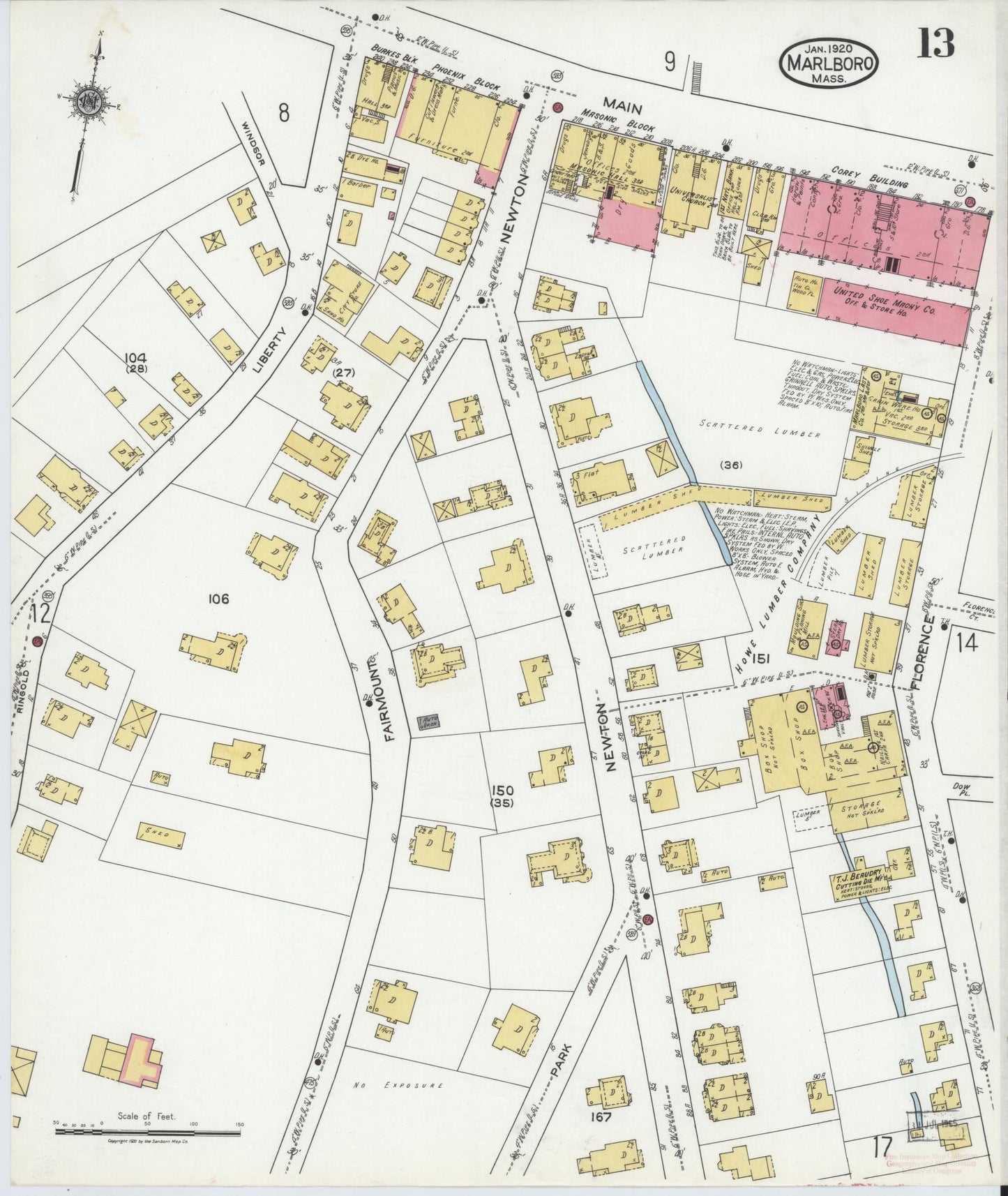Sanborn Fire Insurance Map from Marlborough, Middlesex County, Massachusetts (1920), Sheet #0013 - Historic Sanborn Fire Insurance Map Print, vintage old map wall art, antique decor, genealogy gift, Massachusetts Massachusetts map