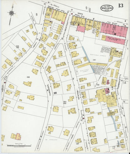 Sanborn Fire Insurance Map from Marlborough, Middlesex County, Massachusetts (1920), Sheet #0013 - Historic Sanborn Fire Insurance Map Print, vintage old map wall art, antique decor, genealogy gift, Massachusetts Massachusetts map