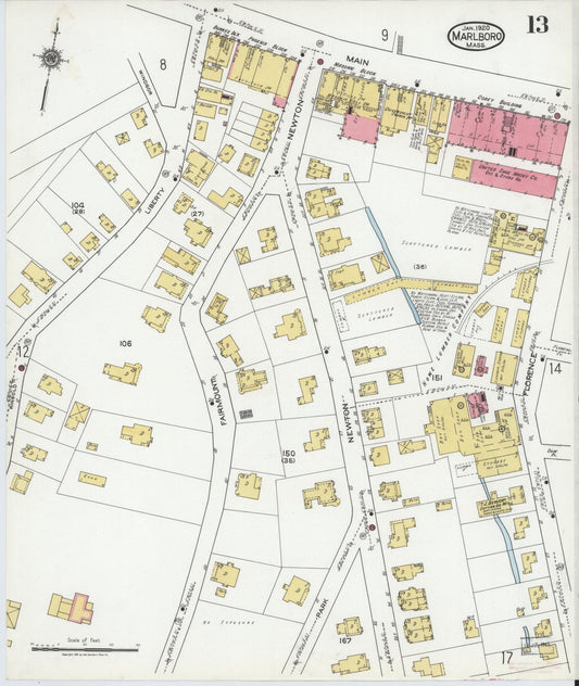 Sanborn Fire Insurance Map from Marlborough, Middlesex County, Massachusetts (1920), Sheet #0013 - Historic Sanborn Fire Insurance Map Print, vintage old map wall art, antique decor, genealogy gift, Massachusetts Massachusetts map
