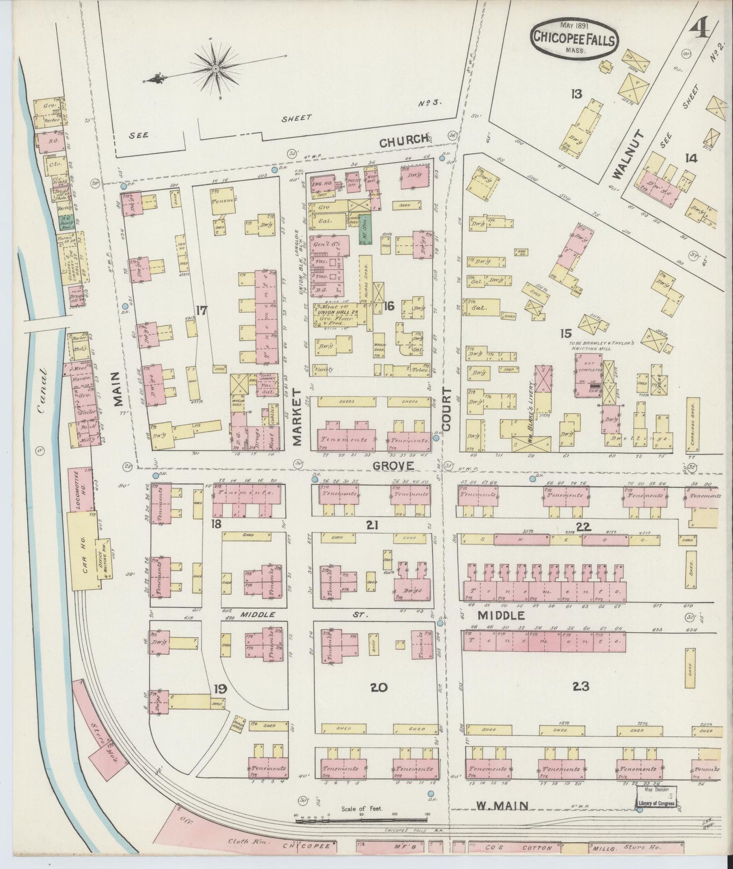 Sanborn Fire Insurance Map from Chicopee Falls, Hampden County, Massachusetts (1891), Sheet #0004 - Historic Sanborn Fire Insurance Map Print, vintage old map wall art, antique decor, genealogy gift, Massachusetts Massachusetts map