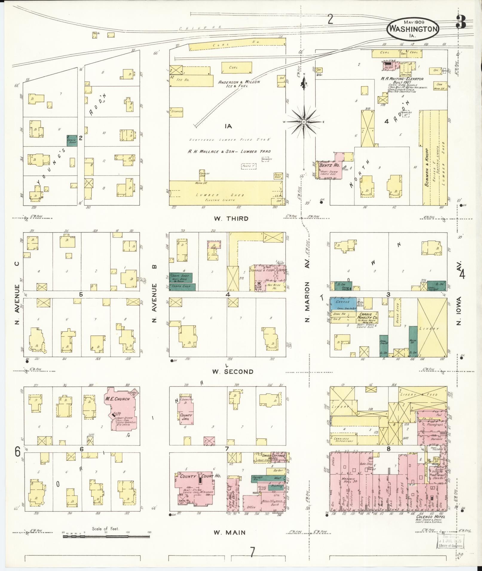 Sanborn Fire Insurance Map from Washington, Washington County, Iowa (1909), Sheet #0003 - Historic Sanborn Fire Insurance Map Print, vintage old map wall art